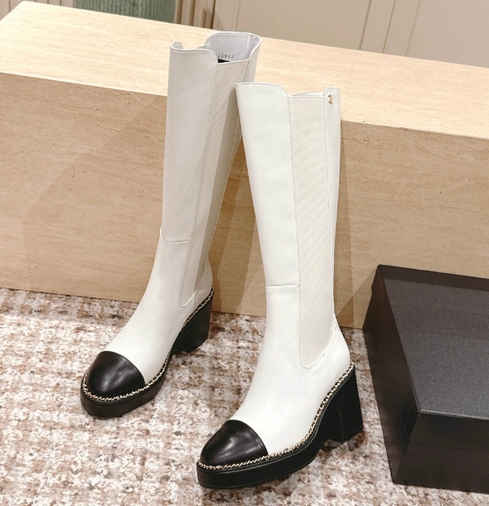 Master's latest design women's Splicing chain Mid-calf long boots cuffed boots, sheepskin leather chunky heel,leahther round toe material, 1:1 best quality sizes 35-41