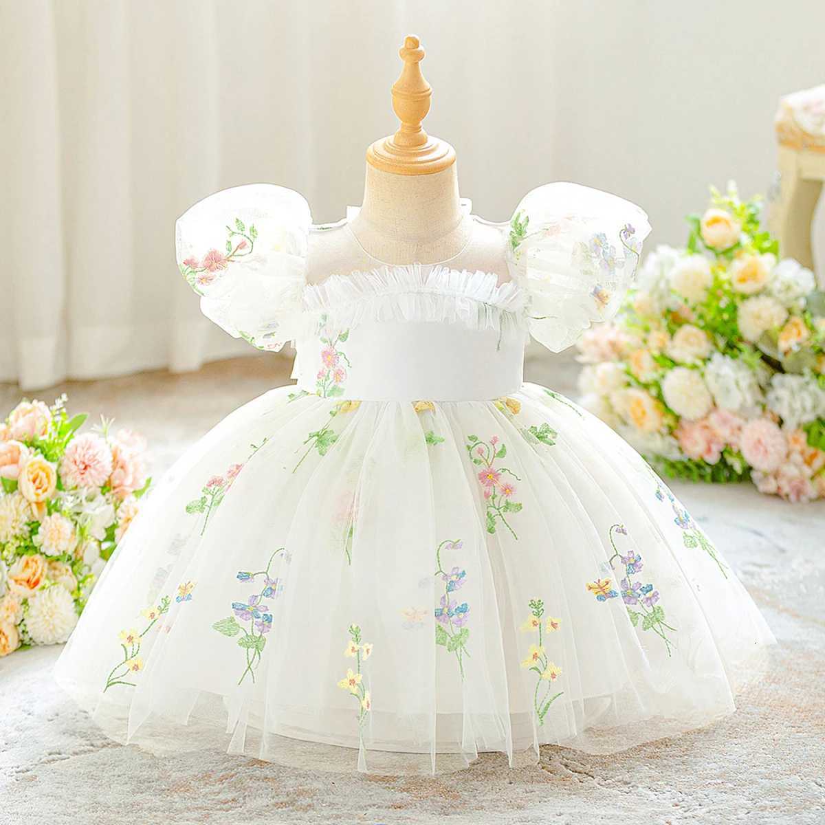 Toddler Embroidery Flower Baptism Party Baby Girl Dress Elegant 1 Yrs Birthday Princess Prom Dress Girl Wedding Bridesmaid Gown Z250904