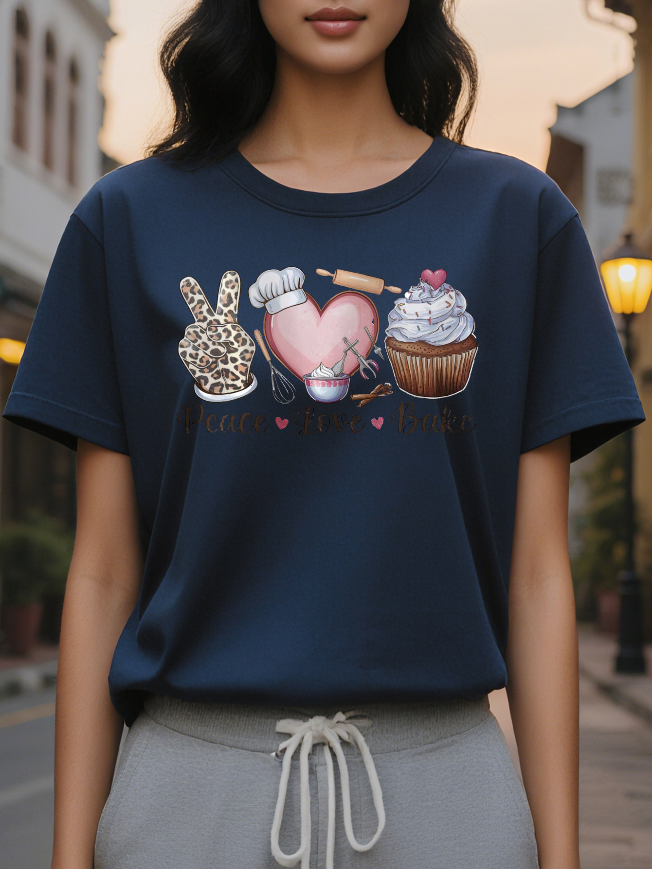 Women's elegant cotton T-shirt printed with the words peace love baking round neck short sleeve casual top summer