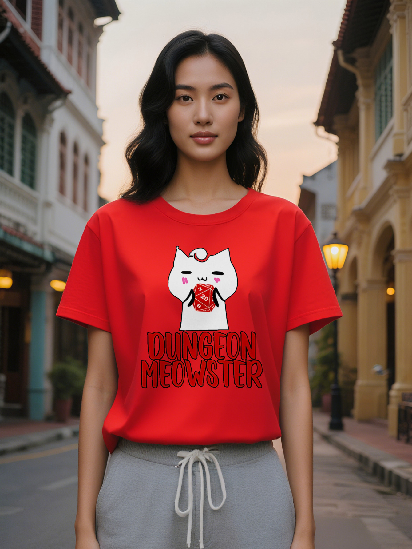 Lady Casual Graphic T-Shirt Black Round Neck Tee with White Cartoon Red Dice Print D Inspired Dungeon Meowster