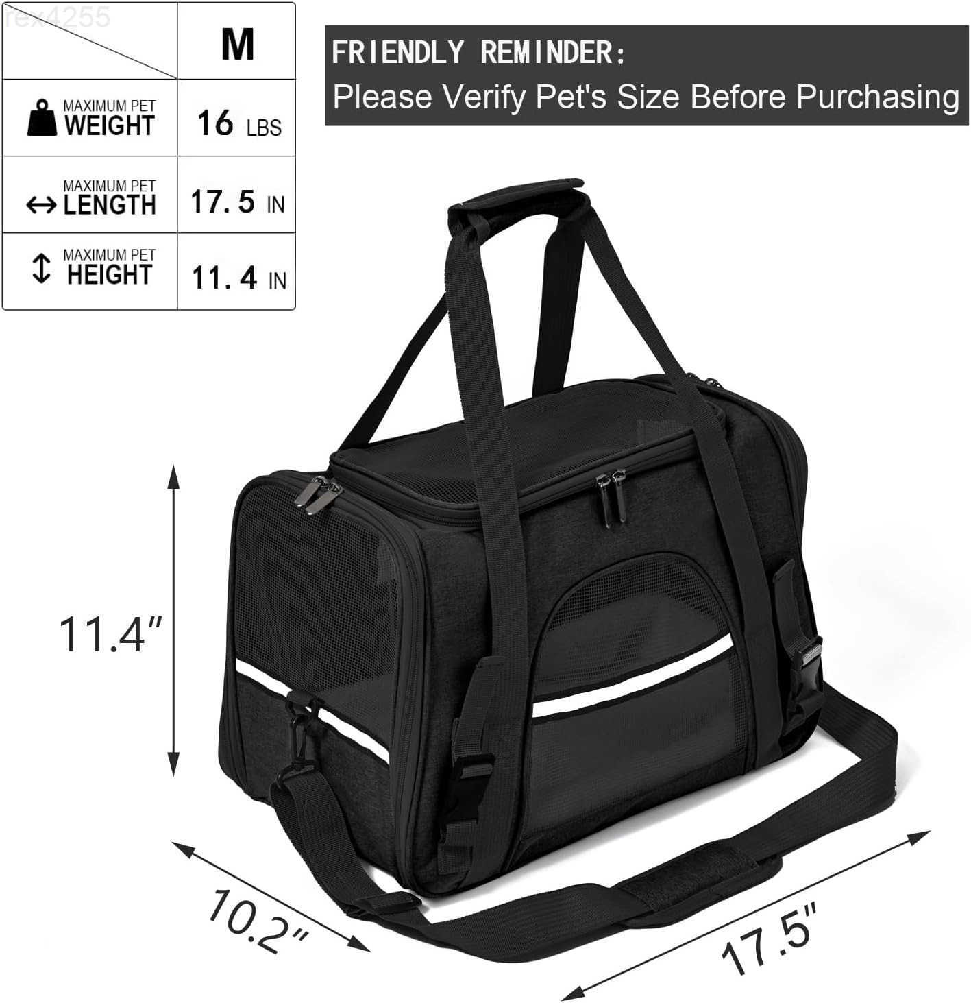 Dog Cat Carrier Soft for Small Pet Up to 16 Lbs TSA Airline Approved Travel Carrier Collapsible Puppy Car Mesh Bag 175 102 114 inch BlackW250904