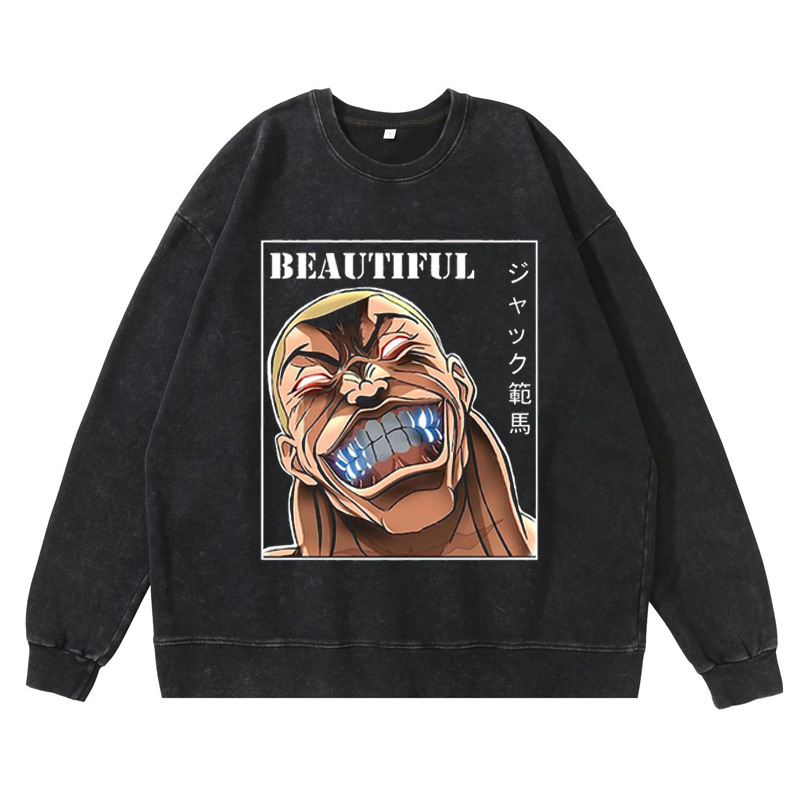 360g Heavyweight Pre-Washed Distressed Jack Hanma Anime-Inspired American Vintage Crewneck Cotton Sweatshirt - TT8343