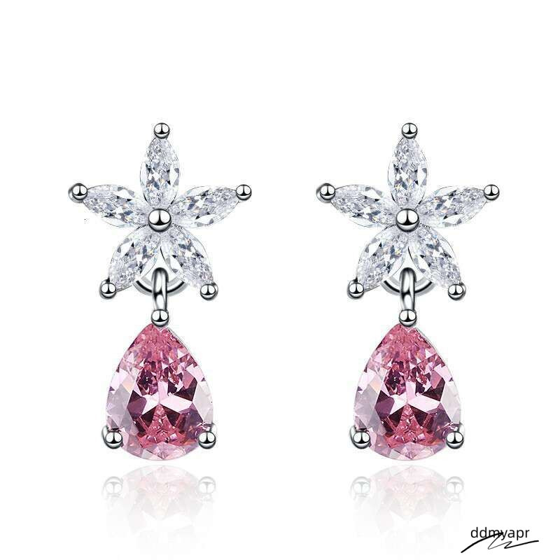 Korean Style Pink Teardrop Zircon Earrings Flower Shaped AAA Crystal Stud Jewelry For Ddmyday Women Ddmyday