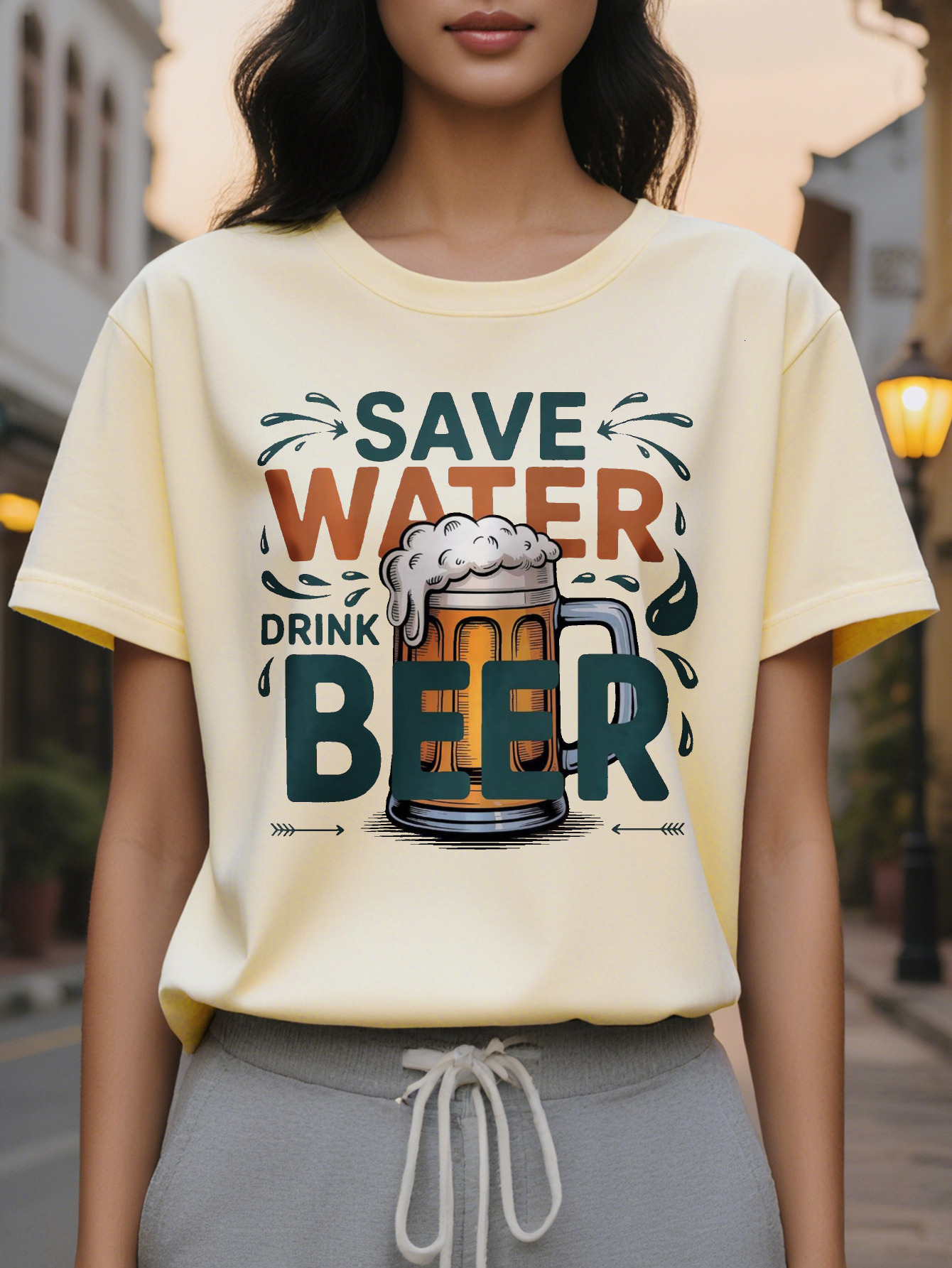 White short sleeve round neck summer T-shirt with mug design, lightweight breathable fabric for casual wear