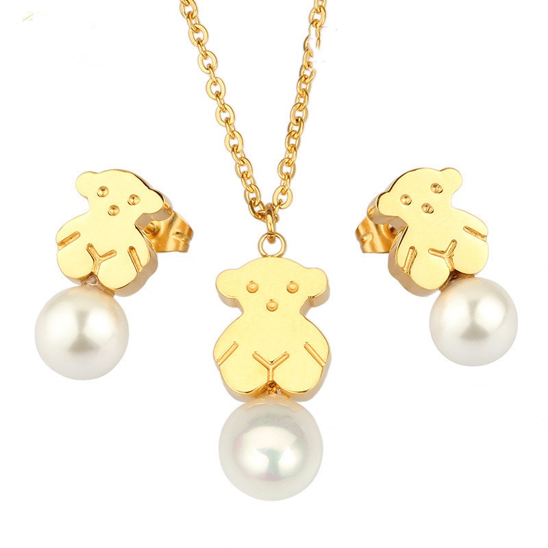 Hot Sale Fashion Women Men Silver Gold Stainless Steel Bear White Pearl Cartoon Animal Span Pendant Necklace Earrings Sets Jewelry