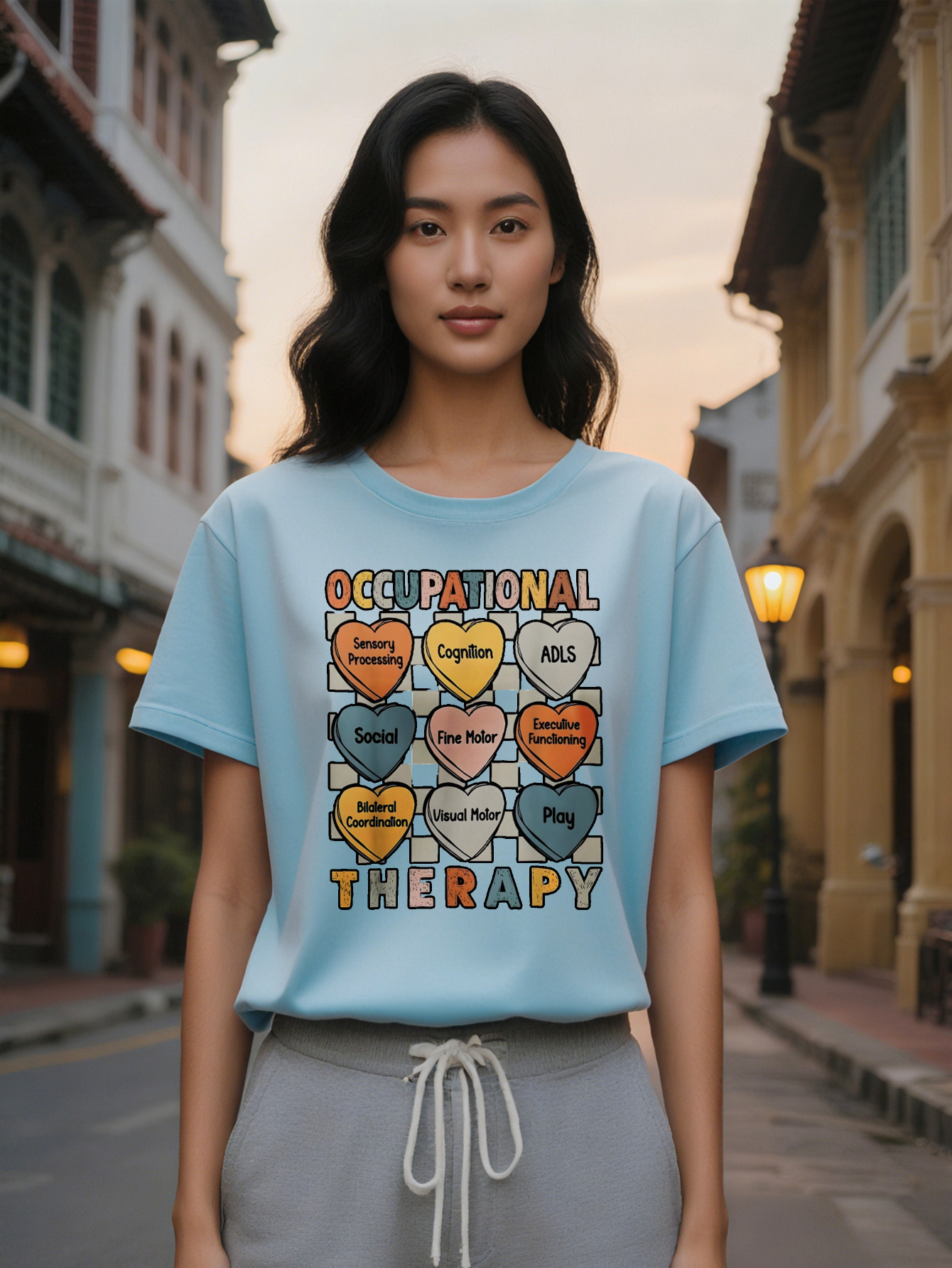 Large XL Women's Casual Round Neck T-Shirt with Occupational Therapy Heart Design Background Short Sleeve Summer Wear Perfect Plus Size