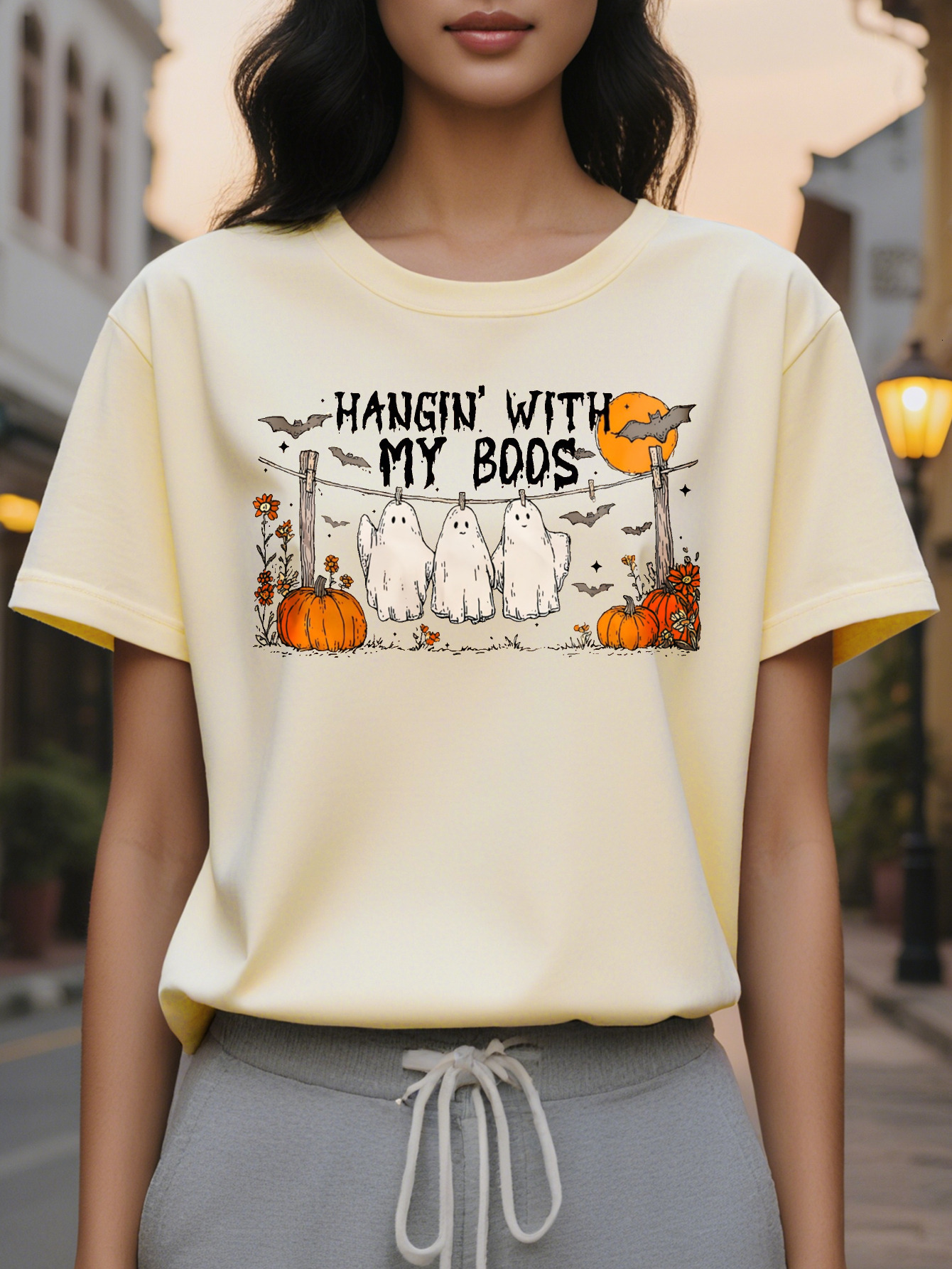 Large XL Women's T-Shirt Light Gray Ghosts Pumpkins Hanging with My Boos Graphic Tee Party Outfit Soft Round Neck Summer Shirt Plus Size