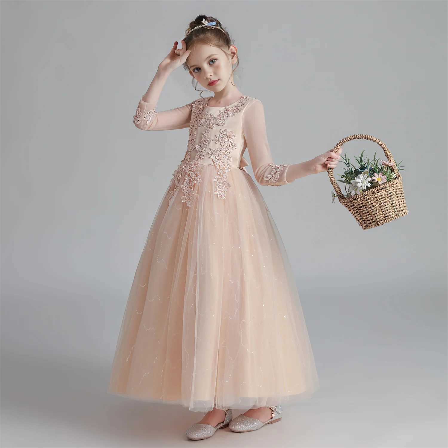 CW683 Princess Dress Girls Pengpeng Yarn Spring/Summer New Long Sleeve Fashionable Childrens Performance Z250904