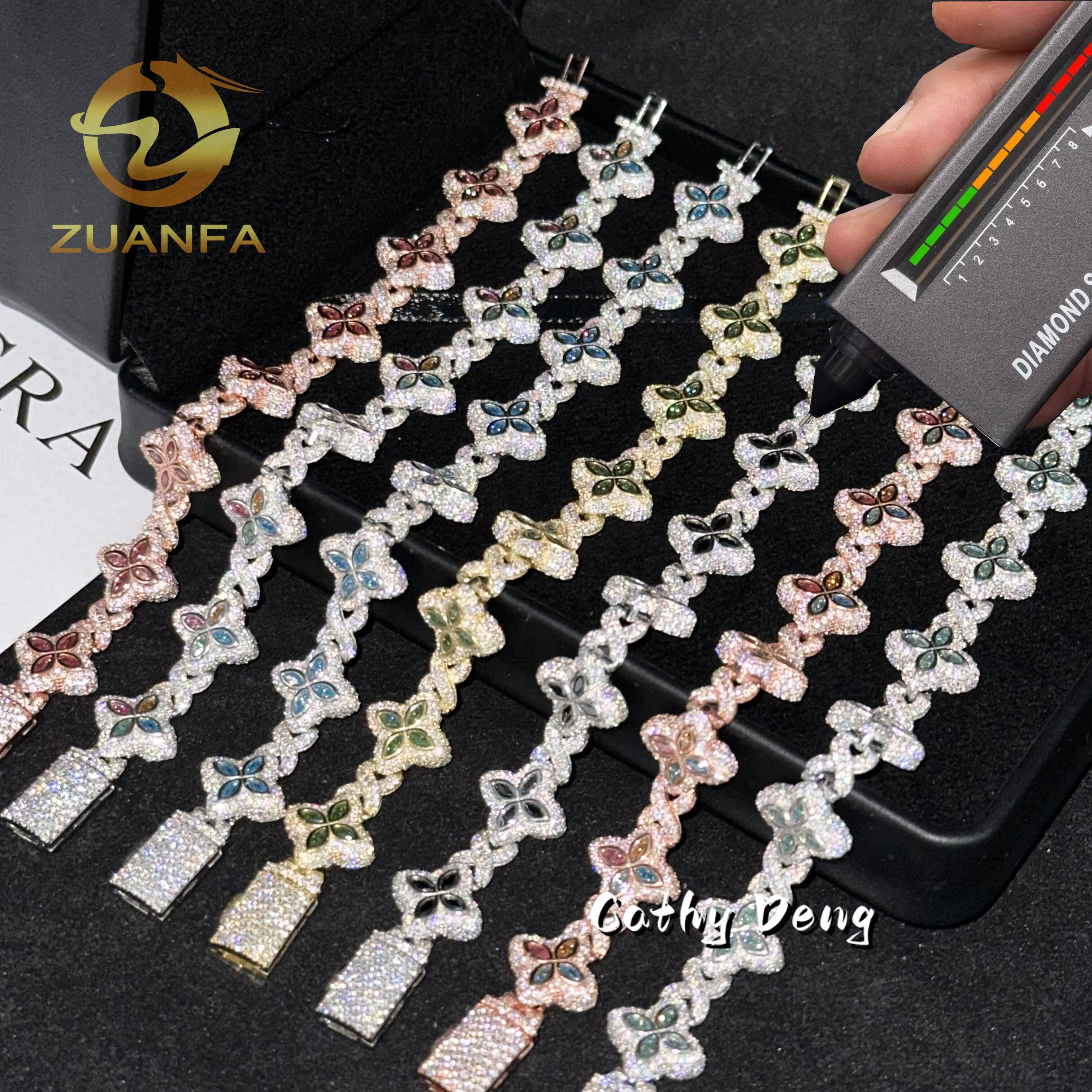 New Shamrock bracelet 15mm Marquise Flower Design Hip Hop Jewelry Iced Out Unisex Moissanite Cuban Link Chain 925 Silver Moissanite Bracelet