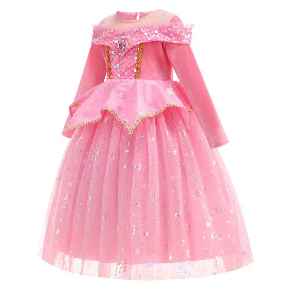 Sleeping BeauTY Aurora Pink Long Sleeves Princess Dress CHIldren Cosplay Sequin Mesh Gown Girls Carnival Birthday Costume Z250904