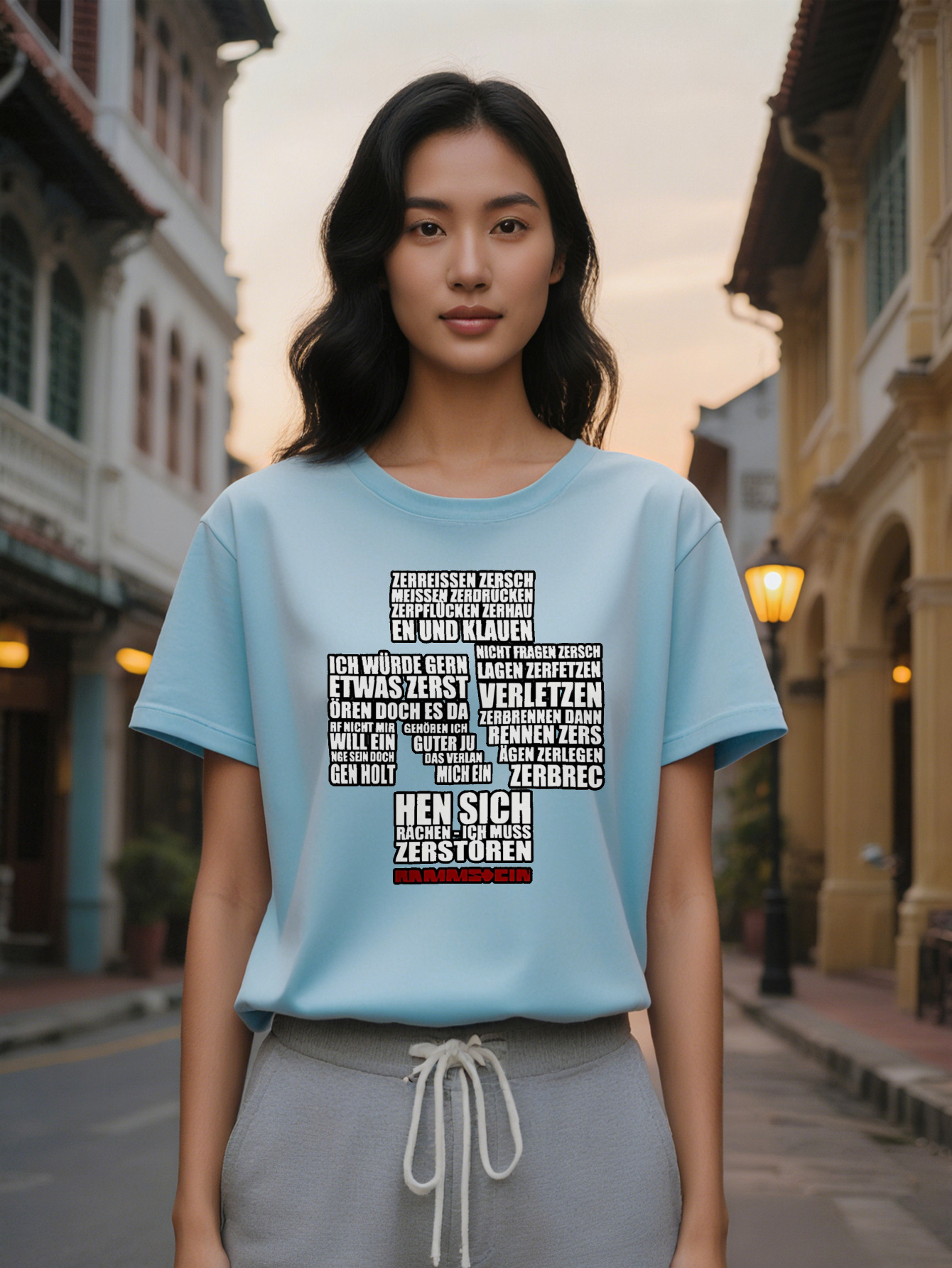 Large XL T-Shirt with Bold Red White Letter Print Black Round Neck Summer Tee Regular Fit Washable Top Casual Attire Plus Size