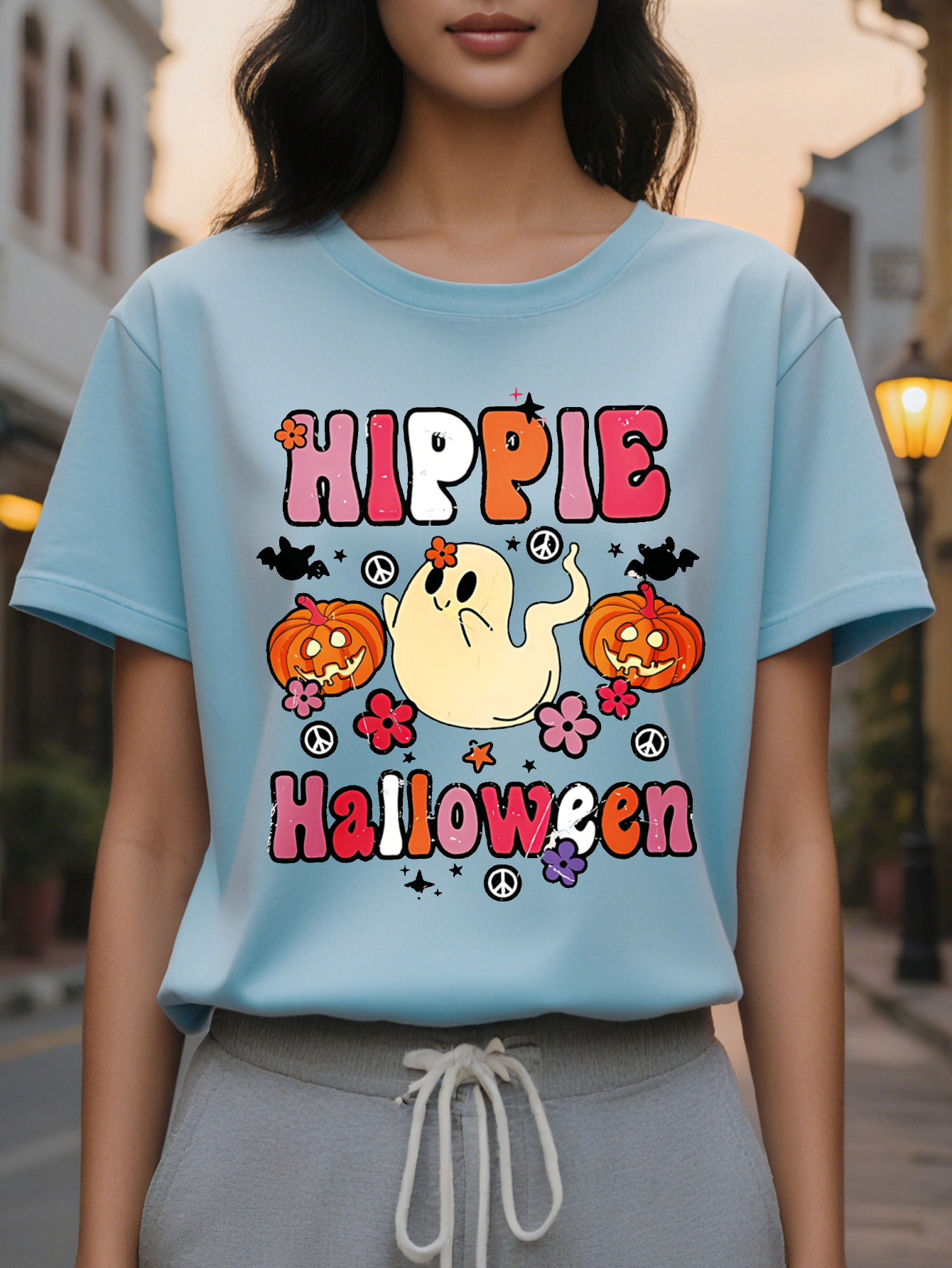 Large XL Women's Halloween Cute Hippie Print T-Shirt Round Neck Short Sleeve with Bats Pumpkins Peace Symbols Spring Summer Plus Size