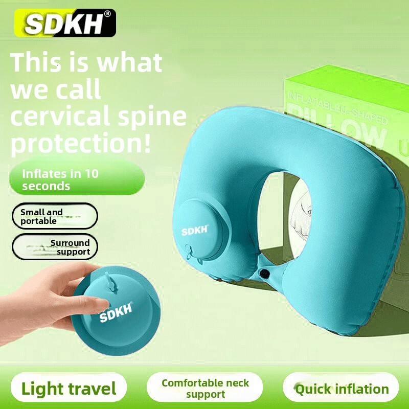 U-Shaped Inflatable Portable Neck Pillow Foldable for Car and Airplane Travel Protects Cervical Vertebrae Traction Device