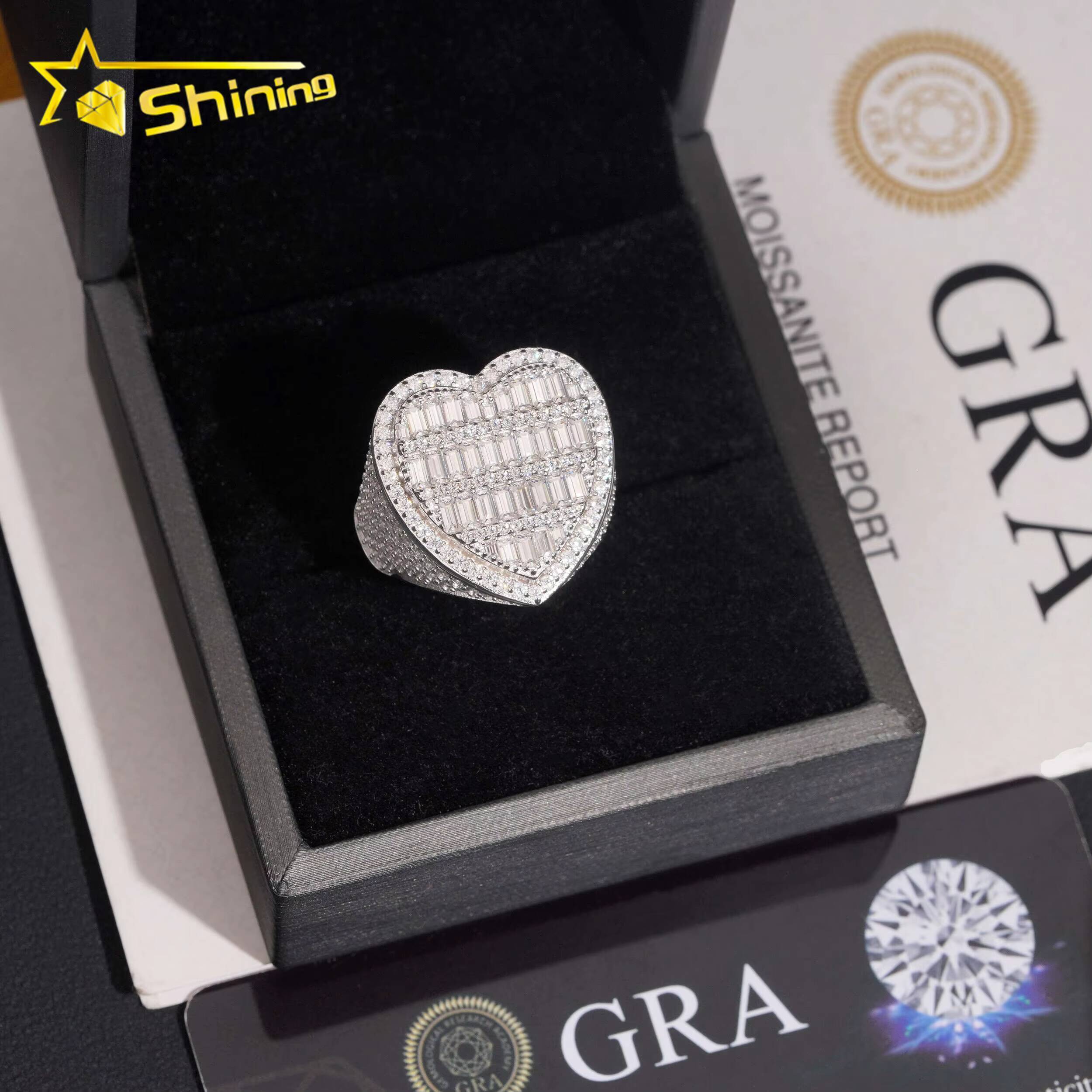 Heart Shape Baguette Moissanite 925 Sterling Silver Gold Plated Hip Hop Iced Out Cross Mens Rings