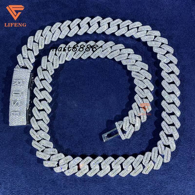 14mm Baguette Cut Moissanite 925 Sterling Silver Custom Name Necklace with Cuban Link Chain for Mens HipHop Style