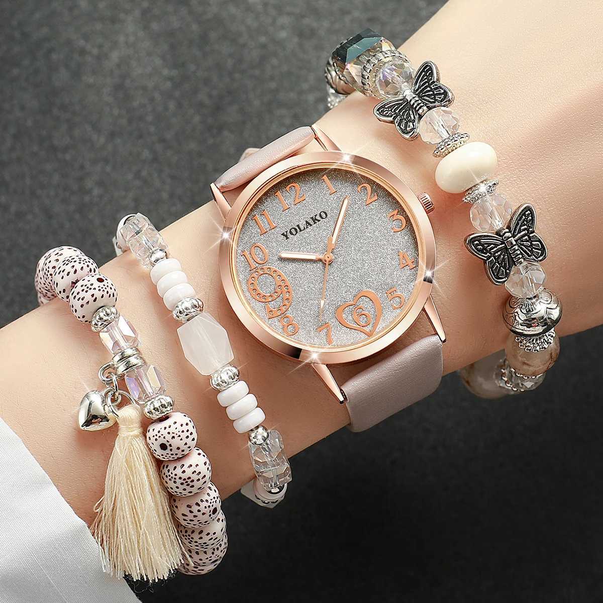 4pcsset Fashion Wen Leather Strap Quartz Watch and Love Jewelry Set X250904