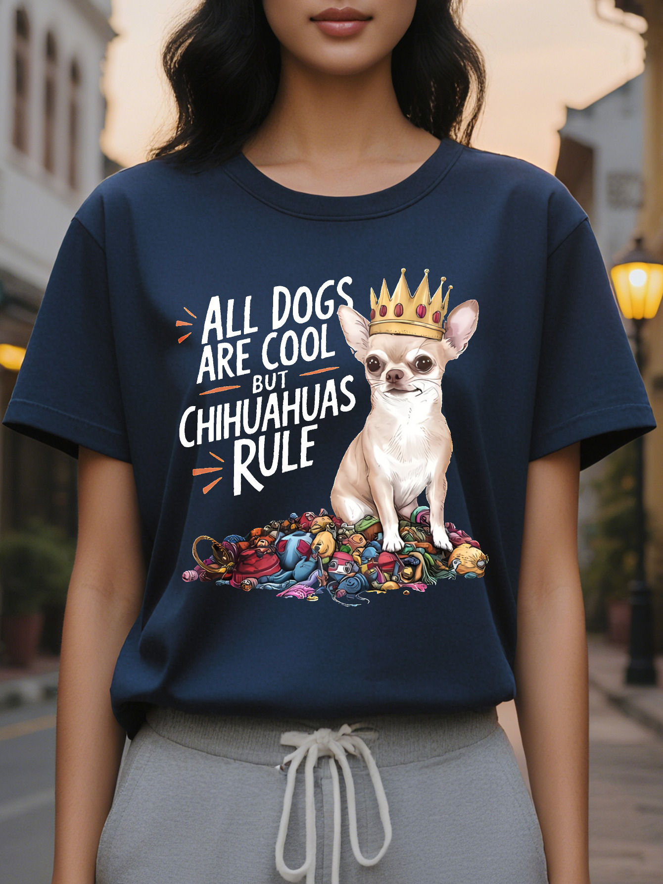 Women S Chihuahua Puppy Print T-Shirt Casual Crew Neck Short Sleeve Top Cotton Knit Fabric Slight Stretch