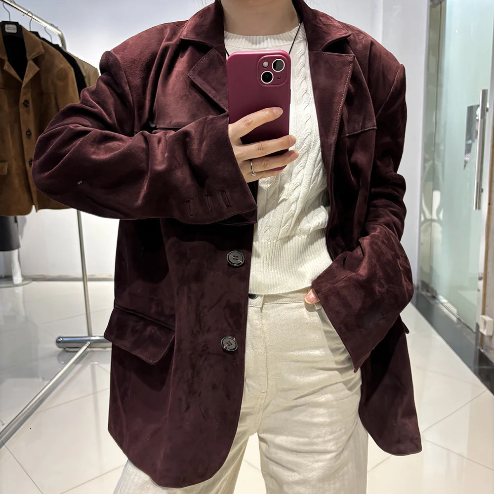 YOLOAgain Womens Oversized Suede Leather Blazer Single Breasted Leather Jacket Female Spring 250815