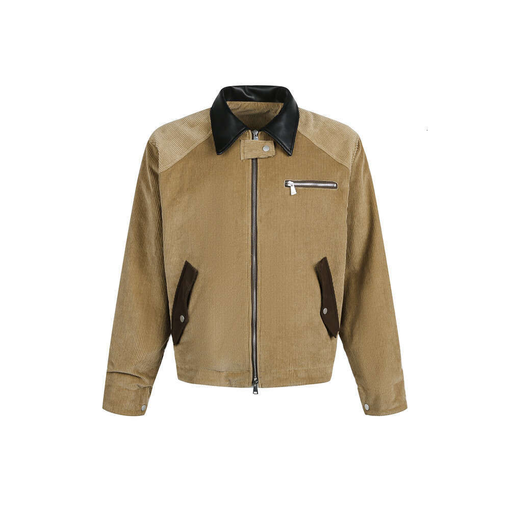 Corduroy Autumn Winter Unisex American Style Trendy Brand Color Block PU Leather Lapel Double Zipper Cardigan Jacket