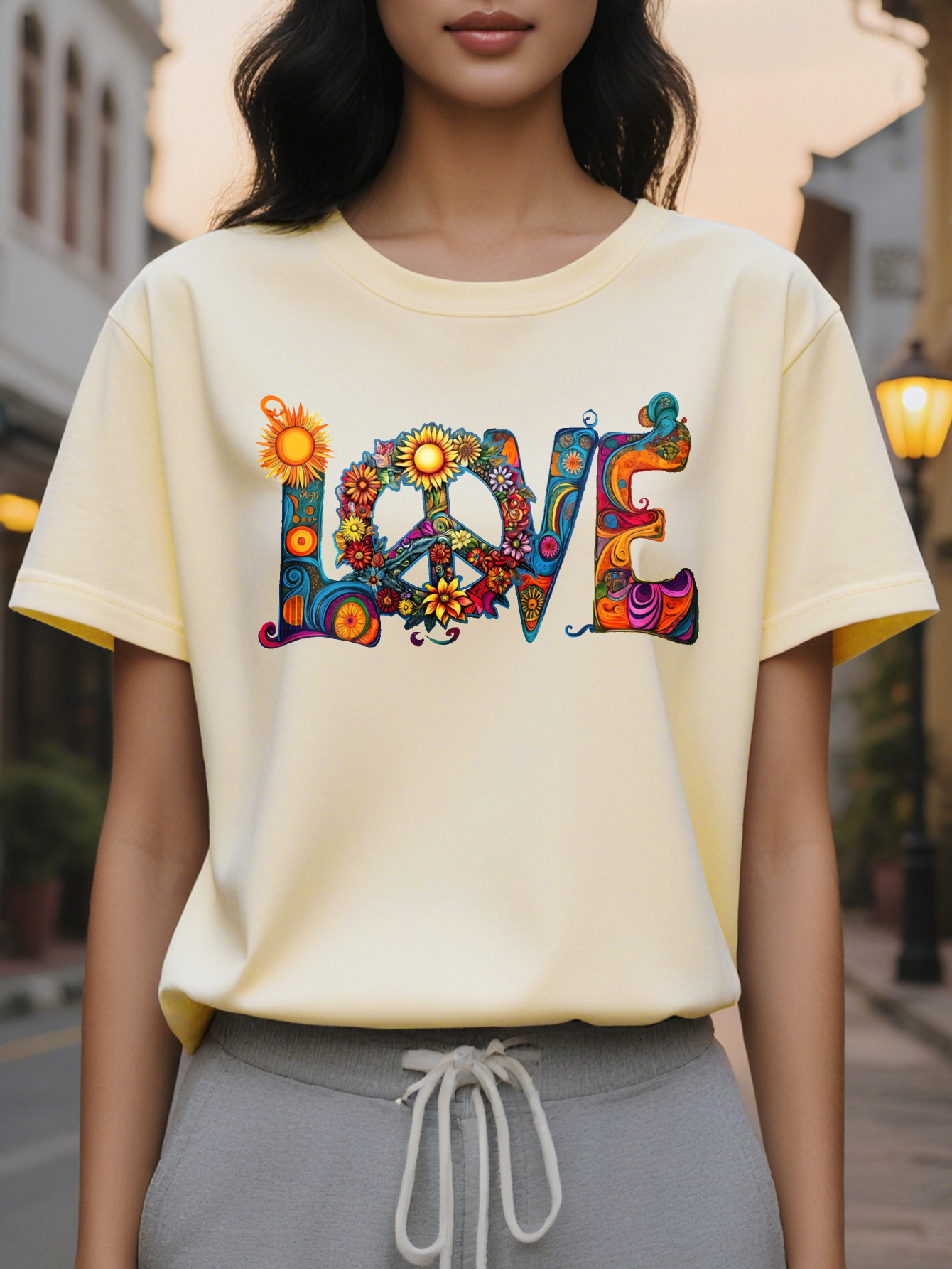 Women's Valentine's Day Flower Pattern Colorful Floral Design Shoulder Vest Black Cotton Round Neck Loose