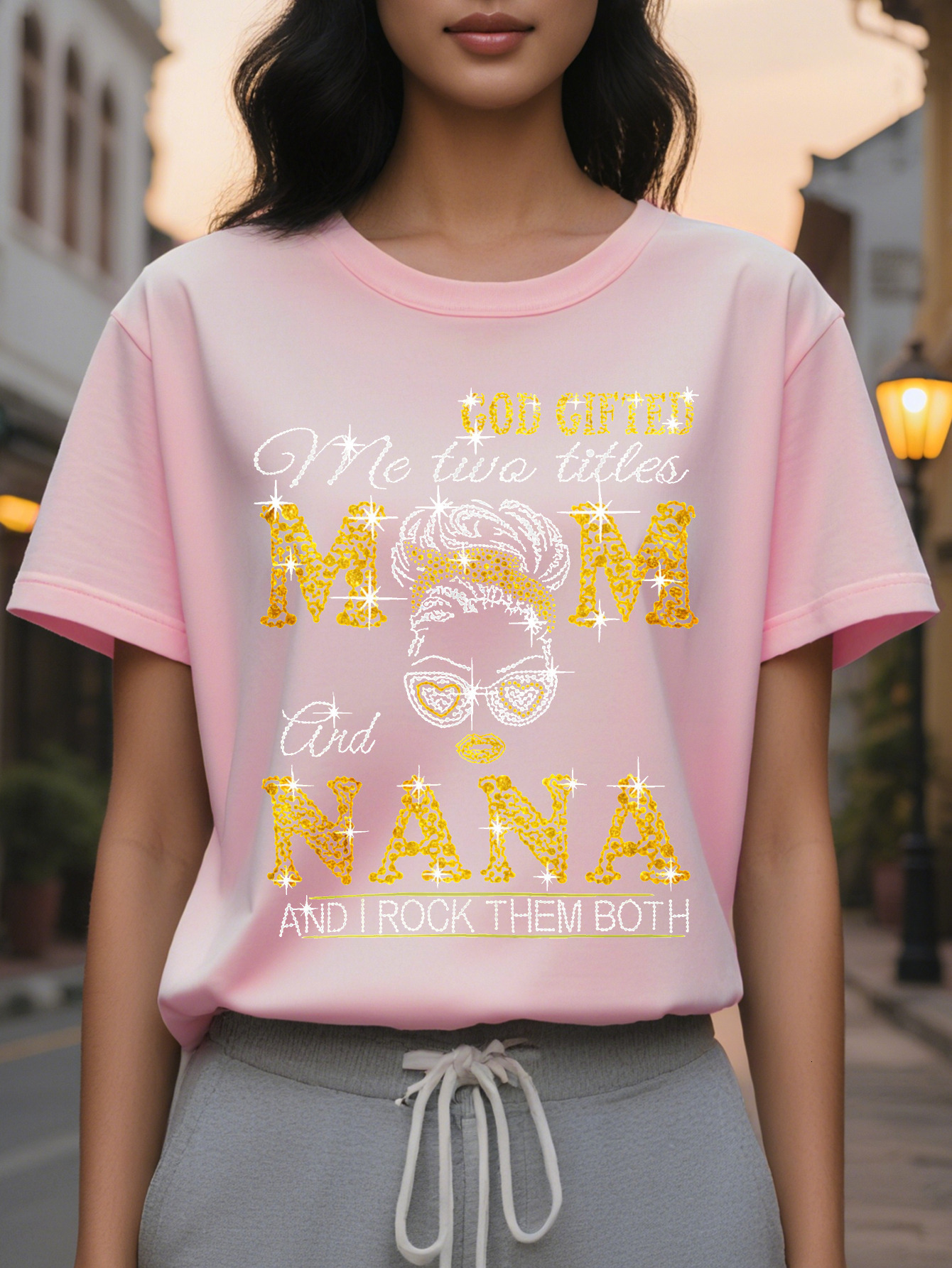 MM NANA MAM Women's Mom Graphic T-Shirt Glitter Text Fashion Glasses Design Casual Short Sleeve Crew Neck Top