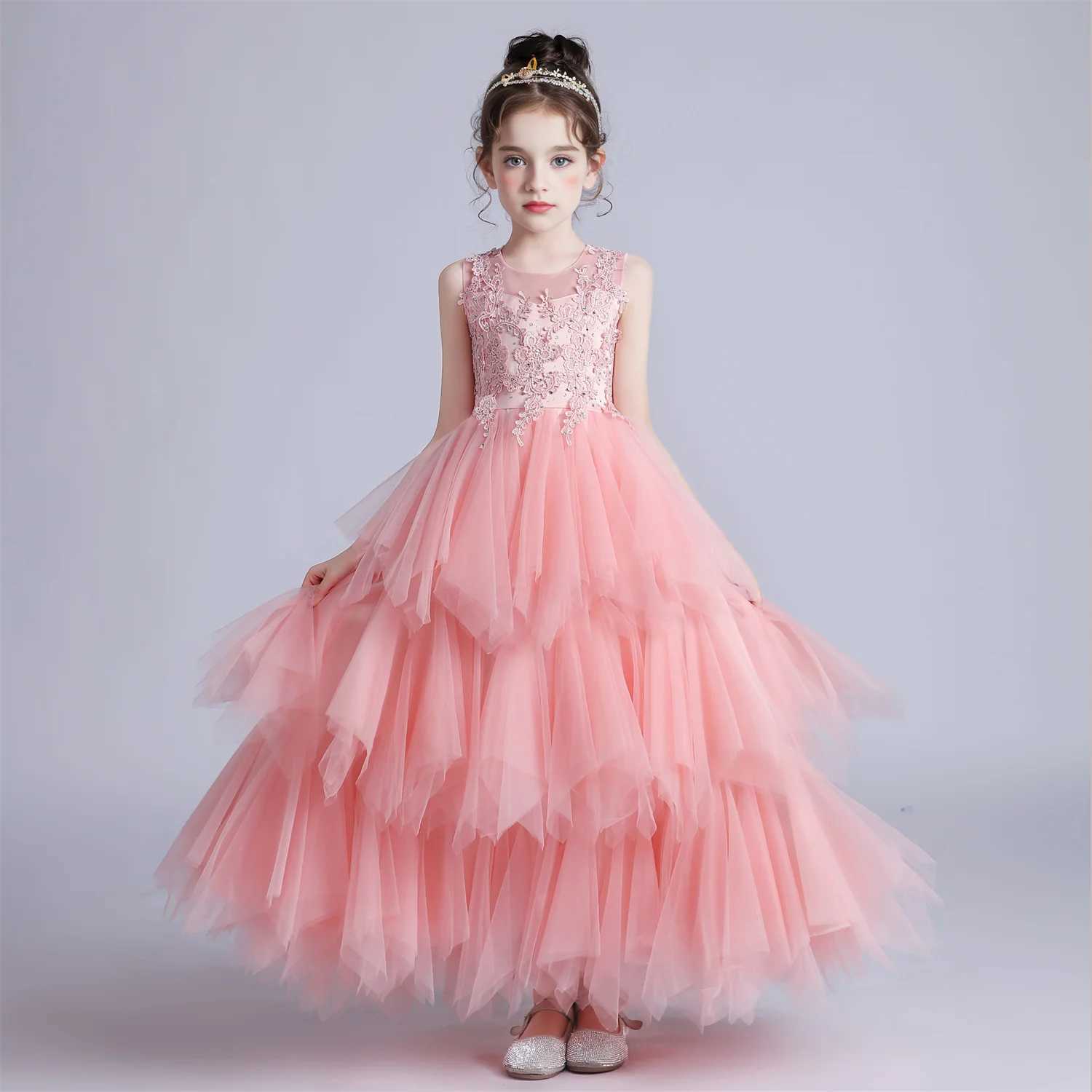 Girls Costume Party Christmas Long Dresses For Formal Wedding Elegant Ball Gown 4-12 Years Children Pink Dress Clothes Z250904