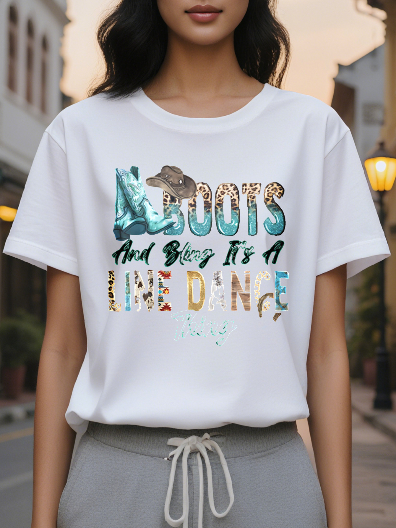 Ladies Printed T Shirt Boots Take Me To Happiness Pattern Black Casual Short Sleeve Round Neck Top Breathable