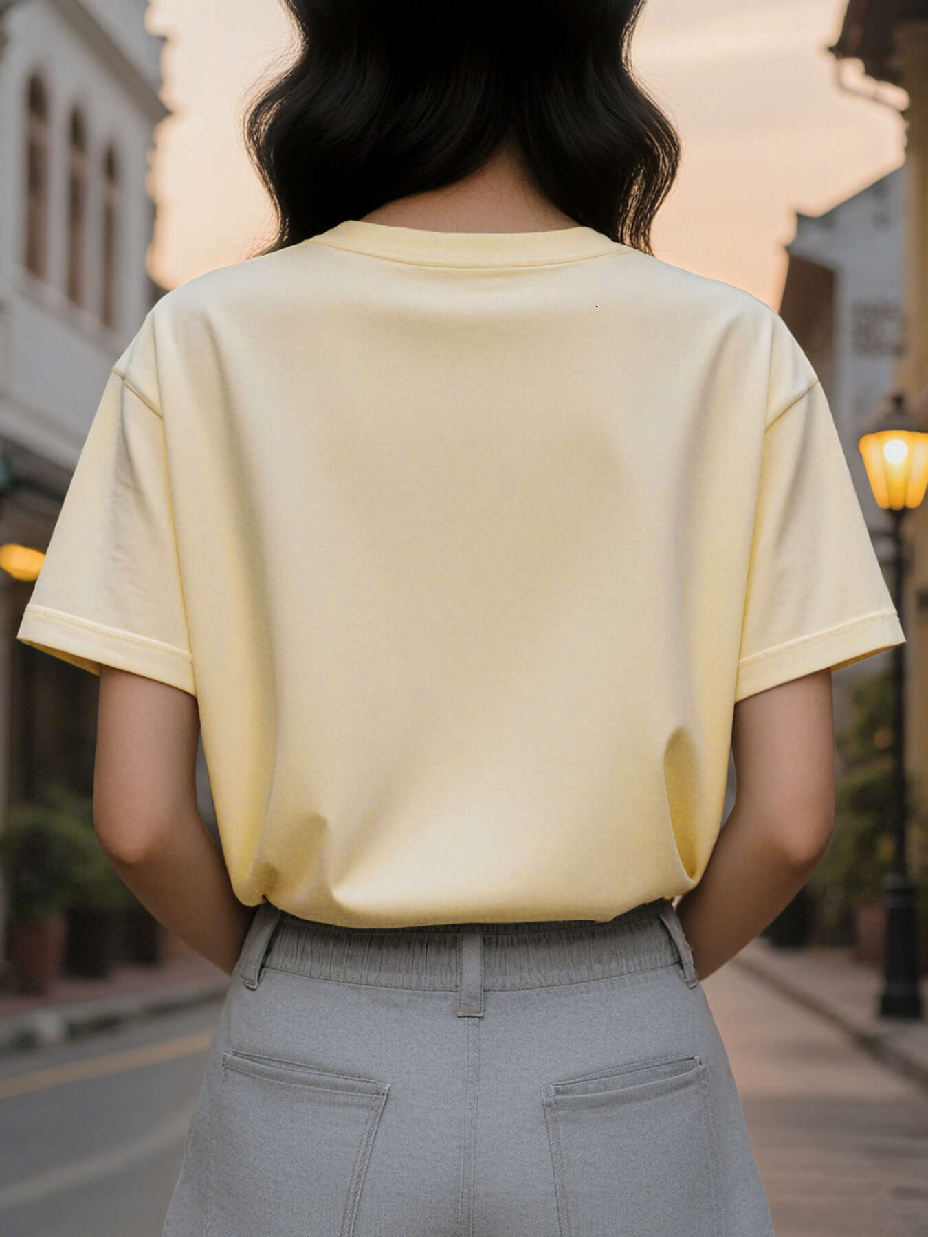 Large XL Women's Casual Short Sleeve T-Shirt Portofino Italy Graphic Print with Floral Pastel Buildings Soft Pink Round Plus Size