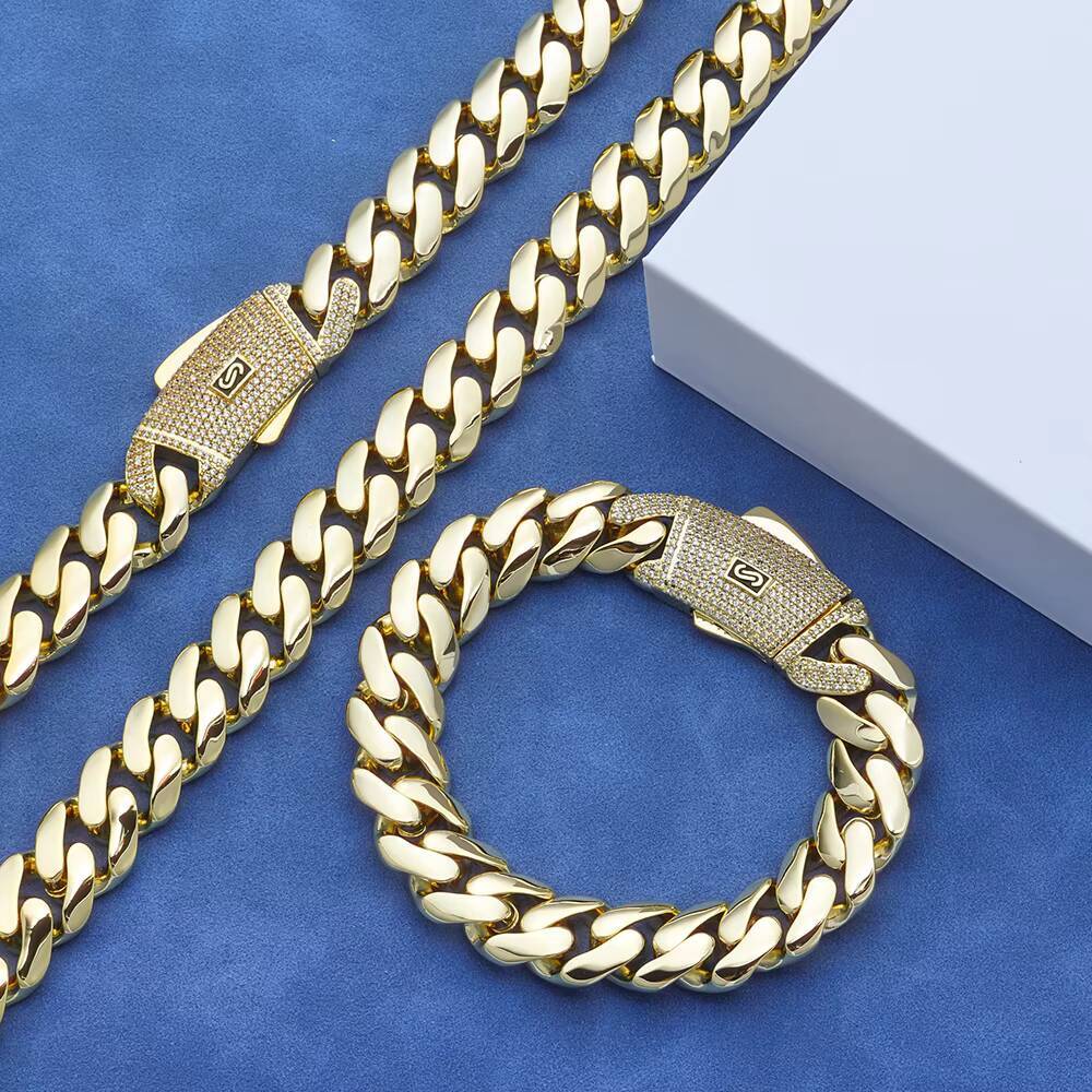 Eskeem 624mm Monaco Cuban Link Chain 14K Gold Plated 925 Silver Iced Out VVS Moissanite Clasp Smooth Necklace Hip Hop Jewelry