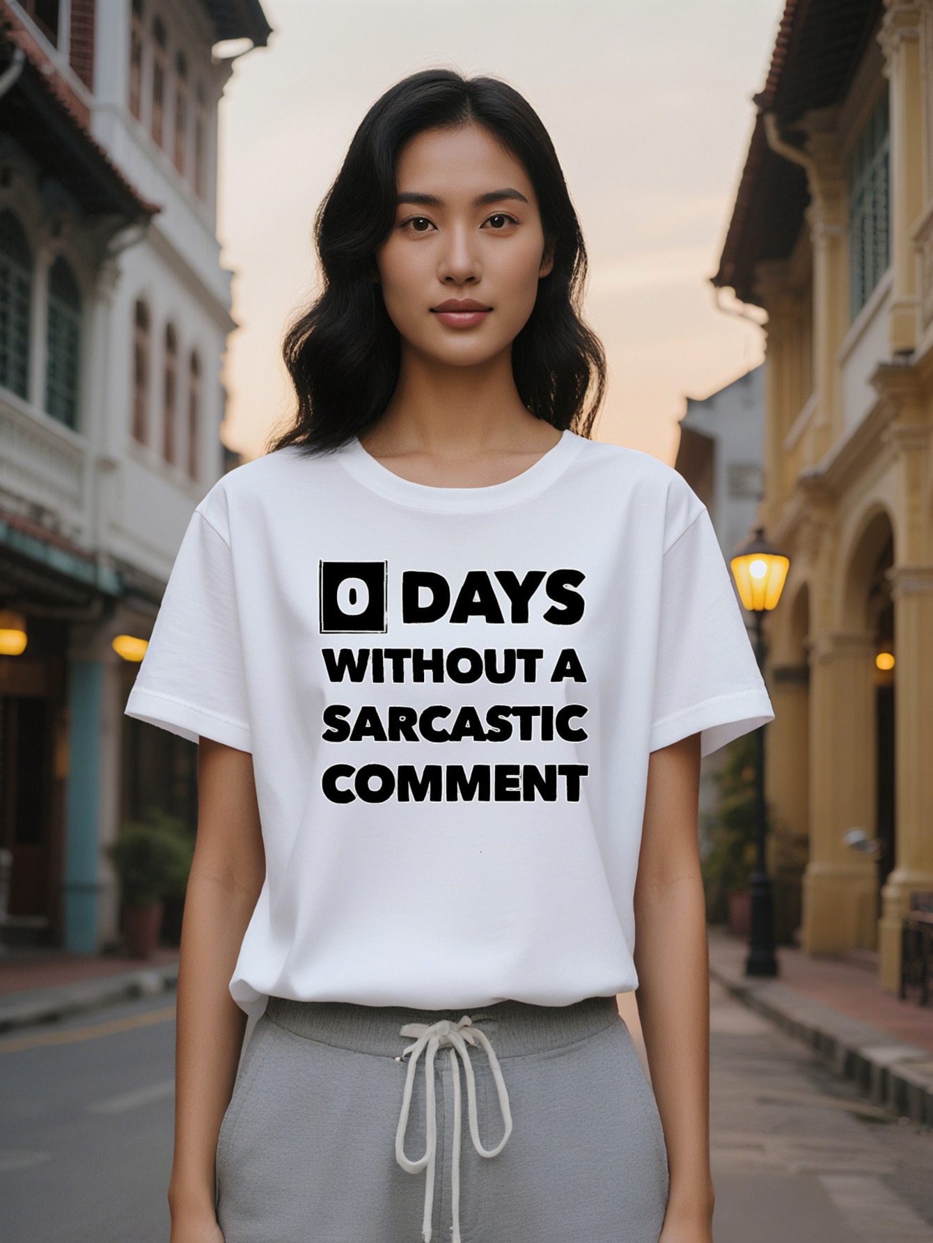 Large XL Lady Casual Black T-Shirt with Days Without a Sarcastic Comment Graphic Perfect for Gifts Summer Style Round Neck Plus Size