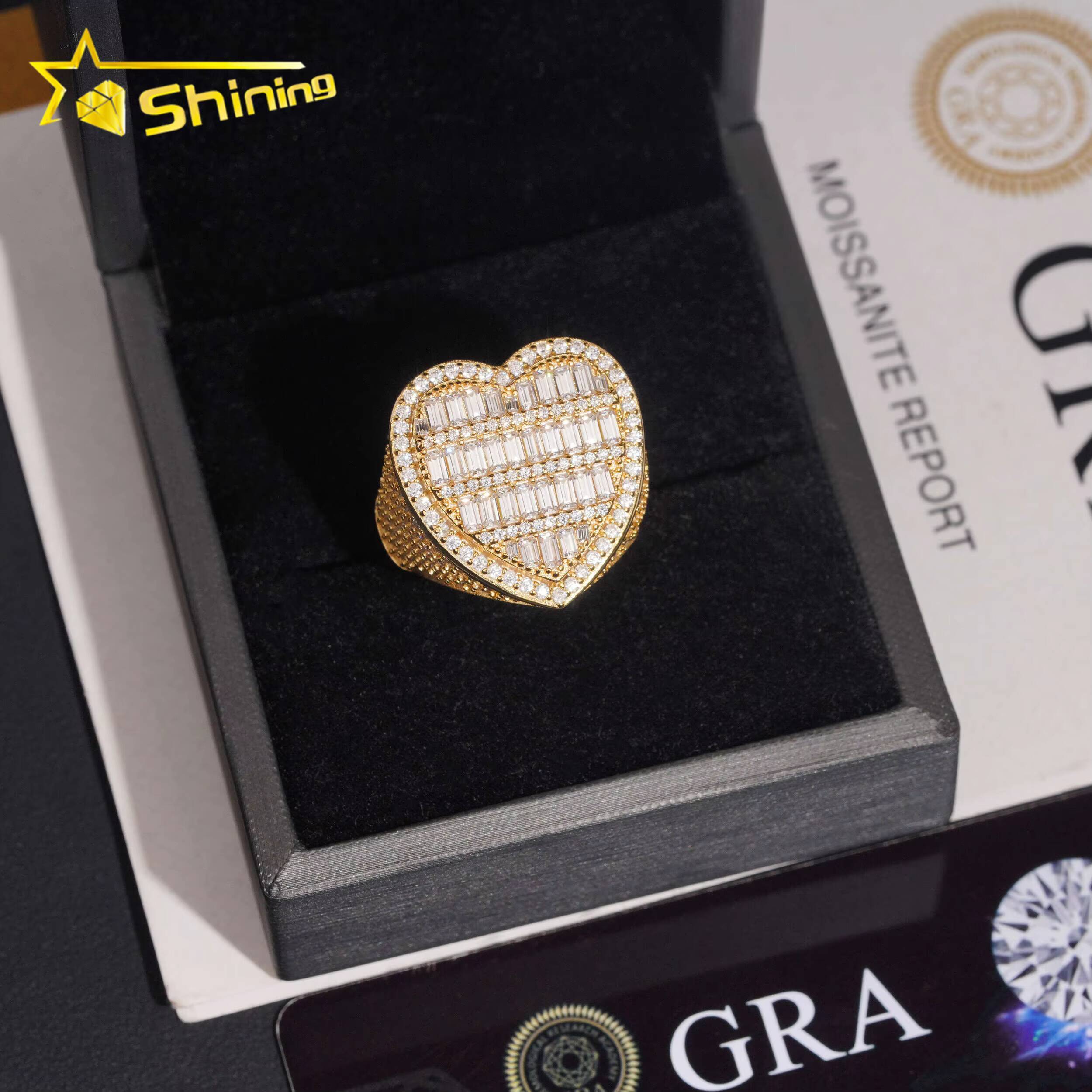 Heart Shape Baguette Moissanite 925 Sterling Silver Gold Plated Hip Hop Iced Out Cross Mens Rings