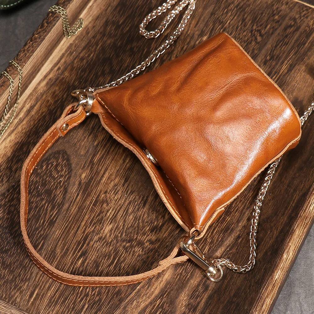 LUOKIR Genuine Leather Women's Chain Crossbody Vintage Handheld Shoulder Headphone Bag Top Layer Cowhide Coin Purse