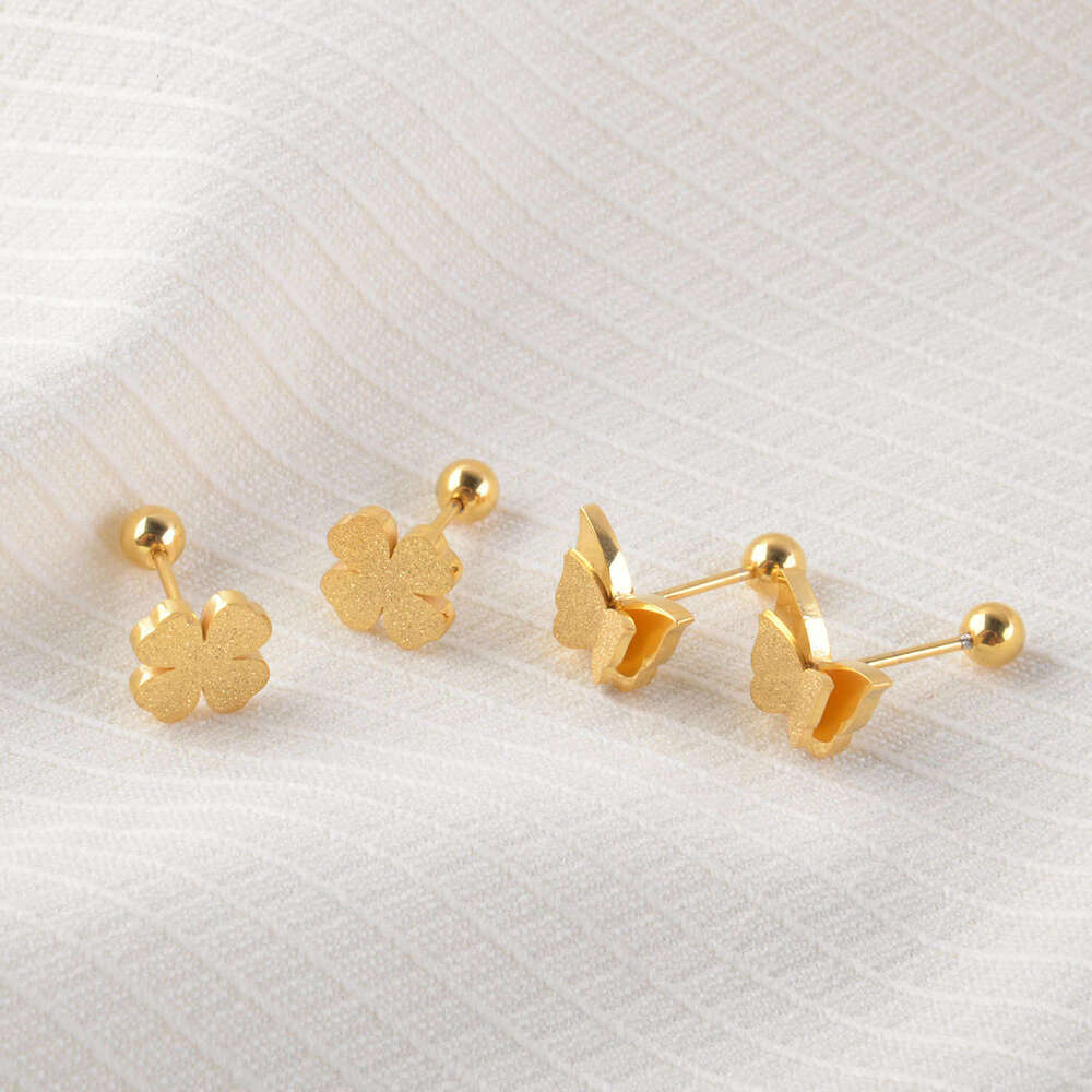 Fashion Versatile Gold Matte Four-Leaf Clover Titanium Steel Non-Fading Anti-Lost Ear Bone Studs Elegant Light Earrings