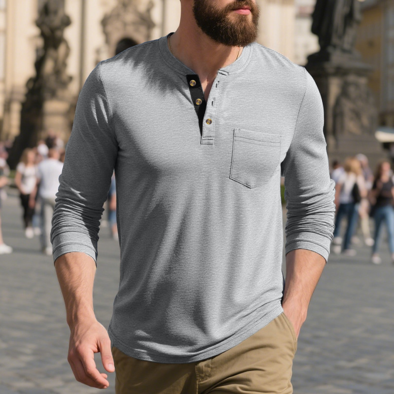 Men's Long Sleeve T-Shirt Henley Top Round Neck Casual Undershirt Base Layer Shirt for Men European size: S-3XL