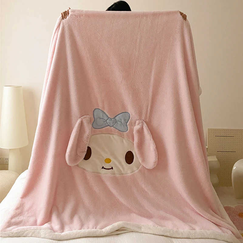 Sanrio Hello Kitty Rabbit Plush Blanket Kuromi melody DoubleSided Thickened Flannel Cover Blanket Office sofa Warm nap blanket L250904
