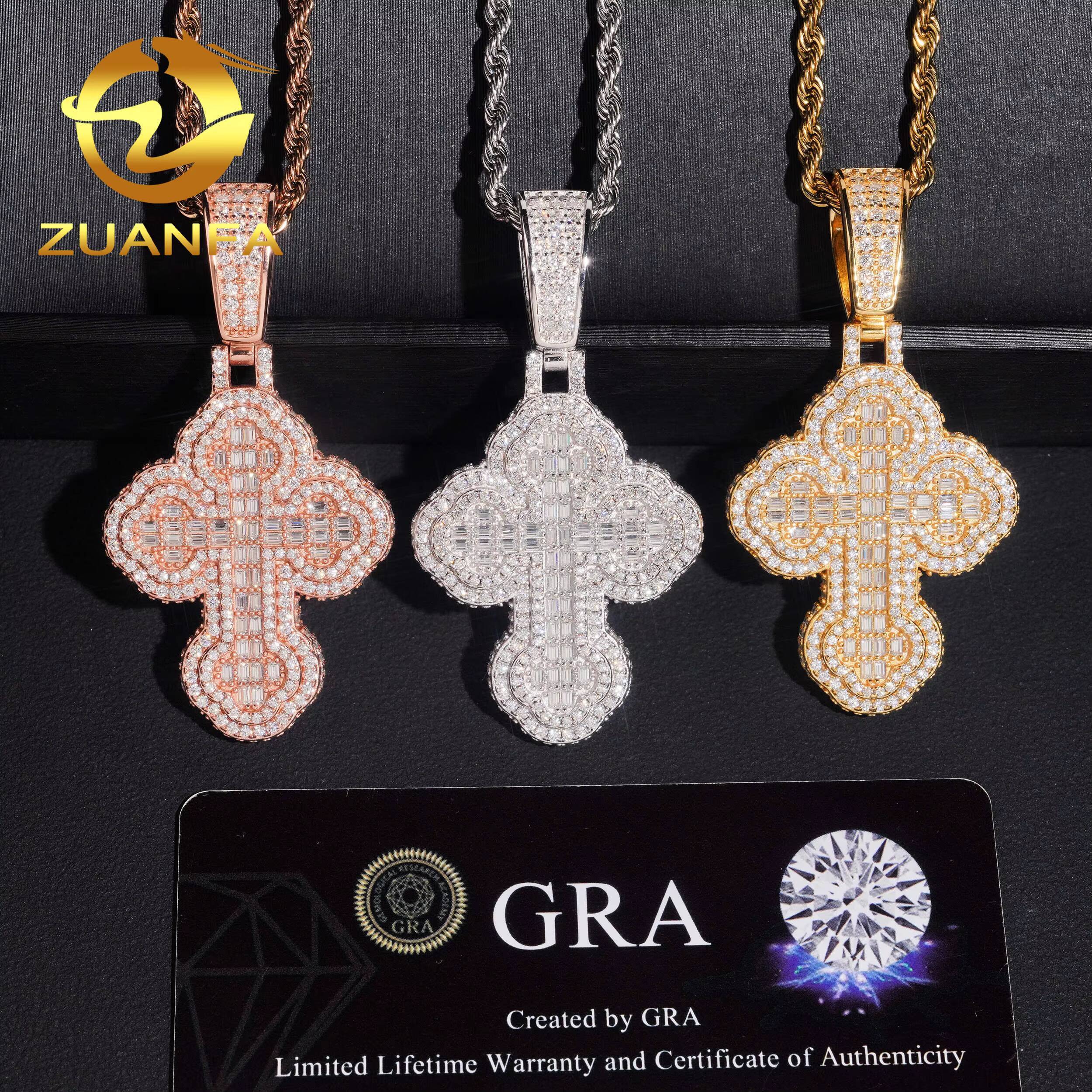 Ready Shipping Hip Hop Jewelry Cross Moissanite Pendant Silver 925 Iced Out Moissanite Iced Out Cross Pendant With Rope Chain