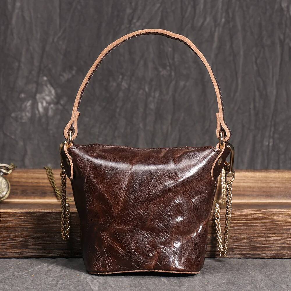 LUOKIR Genuine Leather Women's Chain Crossbody Vintage Handheld Shoulder Headphone Bag Top Layer Cowhide Coin Purse
