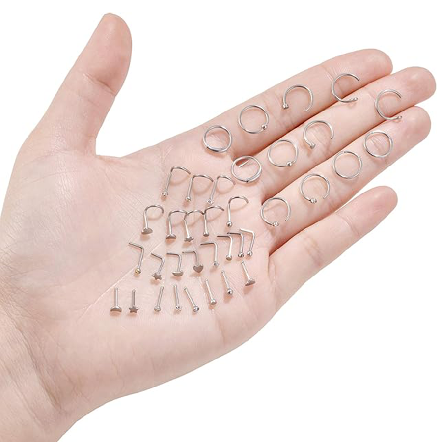 20G 36Pcs Stainless Steel L-Shaped Bone Screw Nose Ring CZ Stud Retainer Labret Piercing Jewelry for Women Men Silver Tone