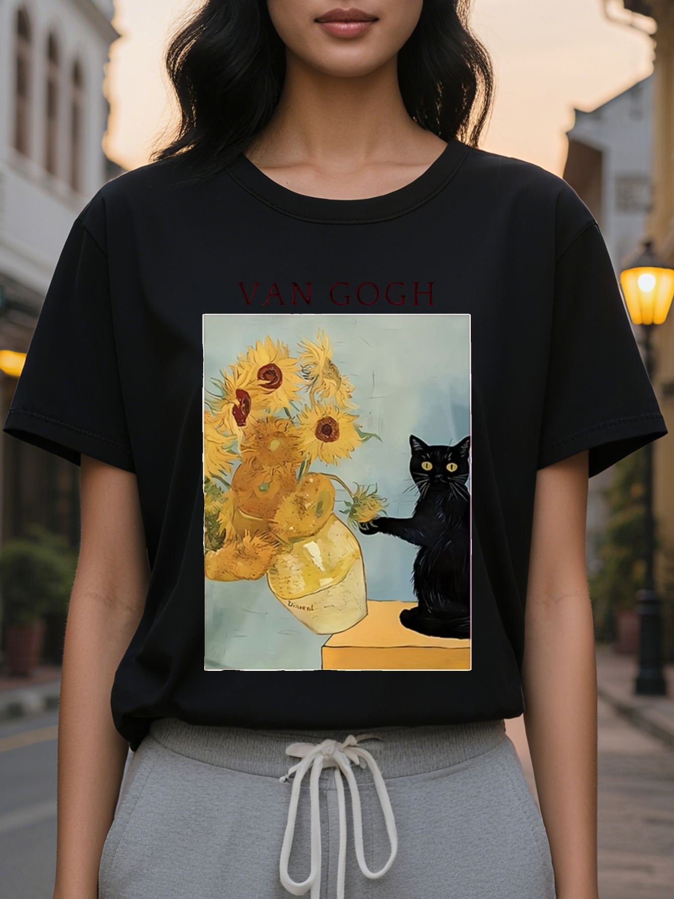 Women's Inspired Pink T-Shirt Translucent Round Neck Short Sleeve Top Printed with Sunset Starry Night Letters Casual