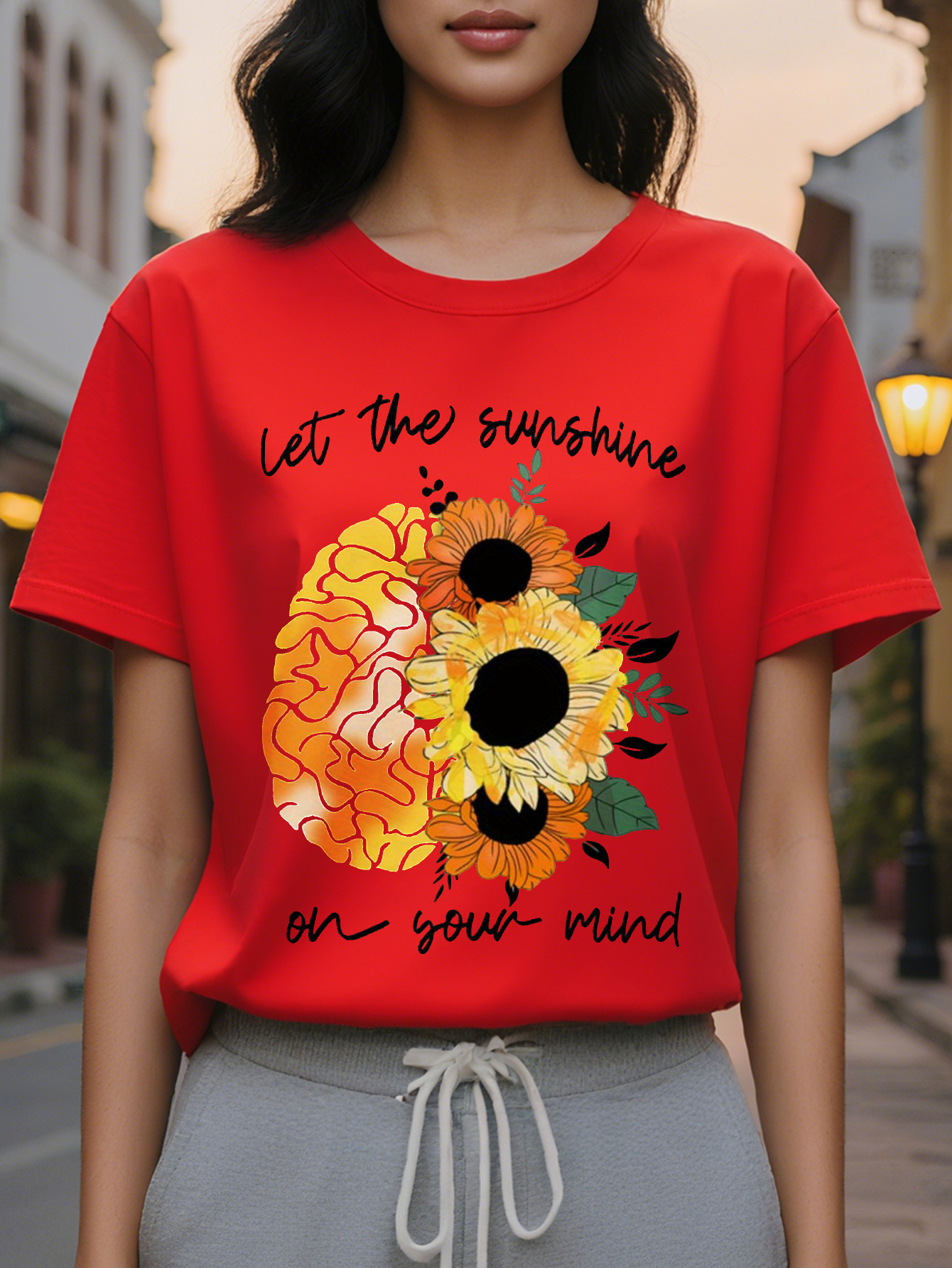 Ladies Elegant T-Shirt Let The Sun Light Up Your Heart Pattern Round Neck Short Sleeve Cotton Wear Casual