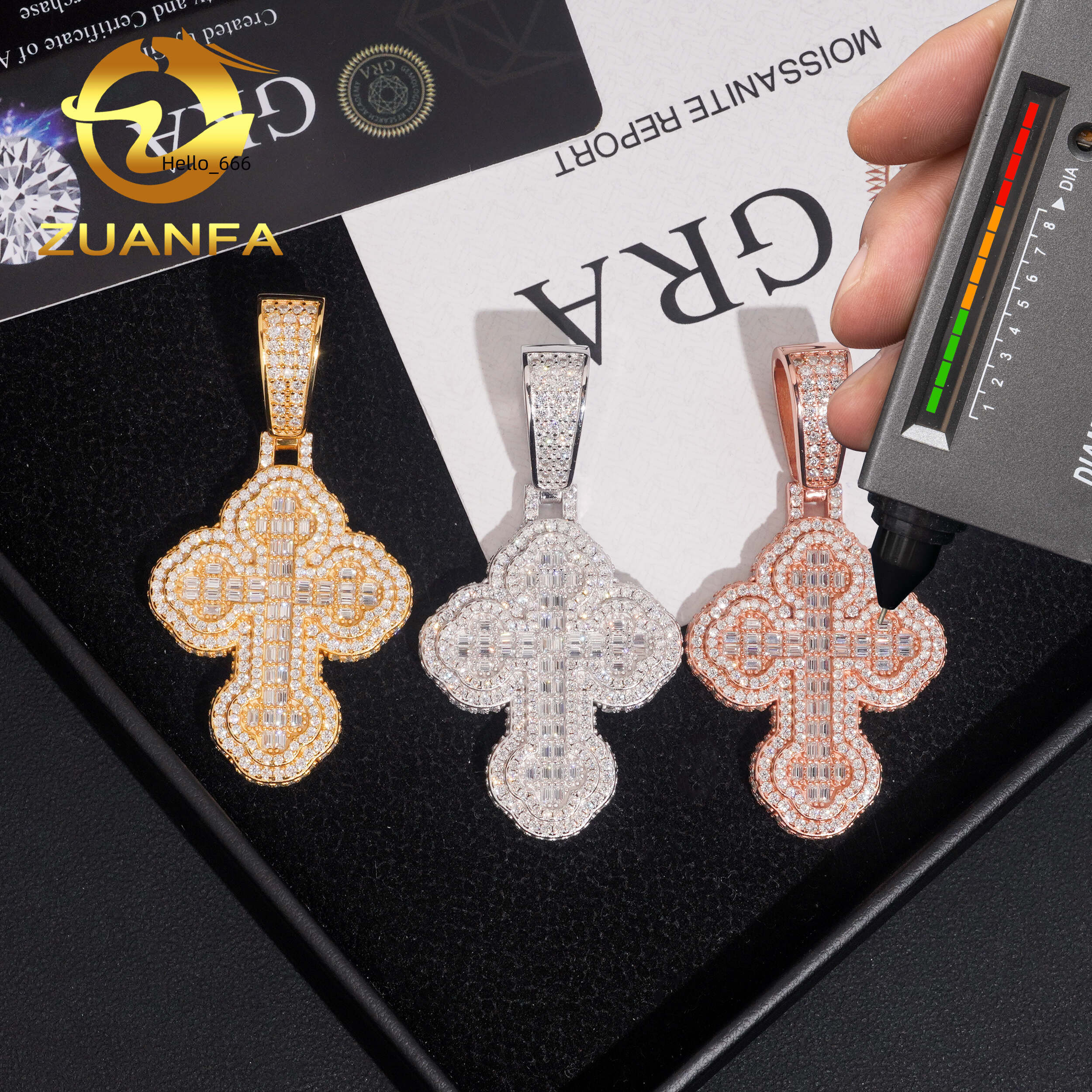 Ready Shipping Hip Hop Jewelry Cross Moissanite Pendant Silver 925 Iced Out Moissanite Iced Out Cross Pendant With Rope Chain