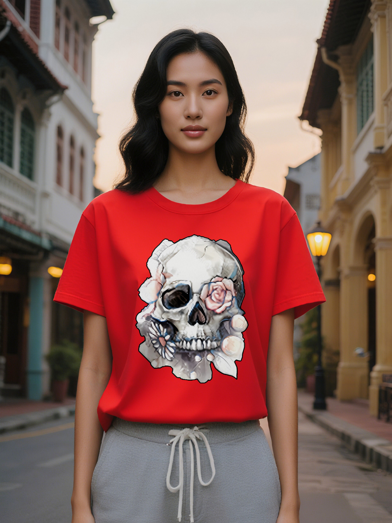 Casual Crew Neck T-Shirt with Intricate Floral Skull Print Soft Pure Cotton Short Sleeve Black Perfect Gift for