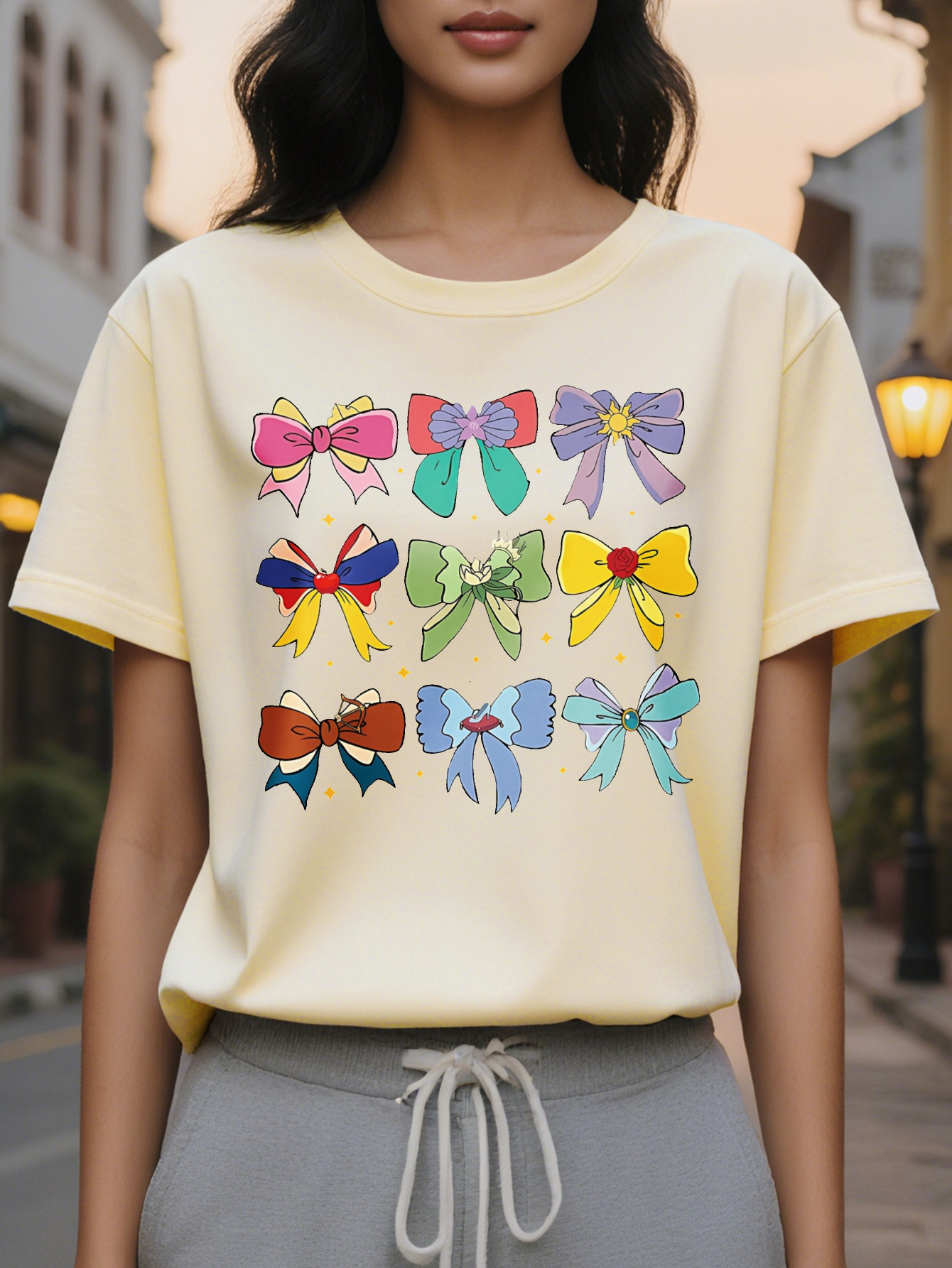 Large XL Women's Crew Neck T-Shirt with Bow and Butterfly Short Sleeve Summer Style Light Blue Jeans All-Season Top Casual Plus Size