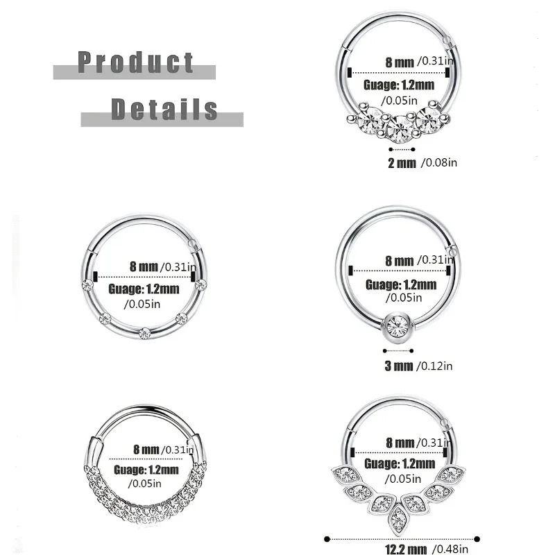15pcs 16G Fashion 316L Stainless Steel CZ Hinged Septum Clicker Nose Hoop Rings Daith Helix Tragus Cartilage Piercing Jewelry 250903