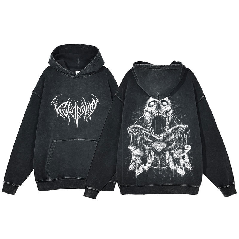 Anime Hoodie for Men: Harajuku Hip-Hop Washed Hoodie with Skull Print Y2K Style for Women: Casual Gothic Vintage - VT2739