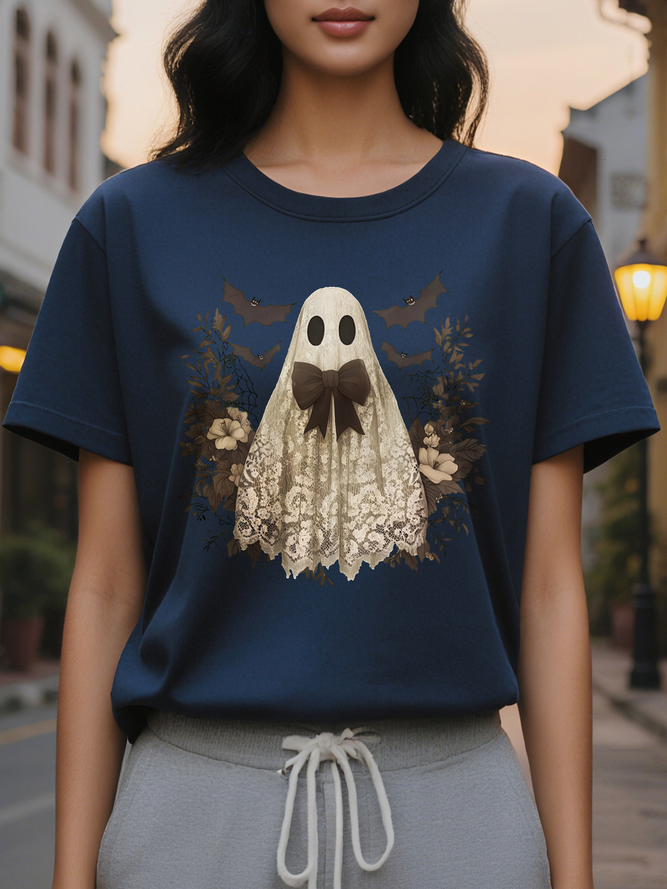 Large XL Women's Halloween T-Shirt Light Gray Graphic Tee with Floral Print Soft Round Neck Casual Top for Everyday Costume Plus Size