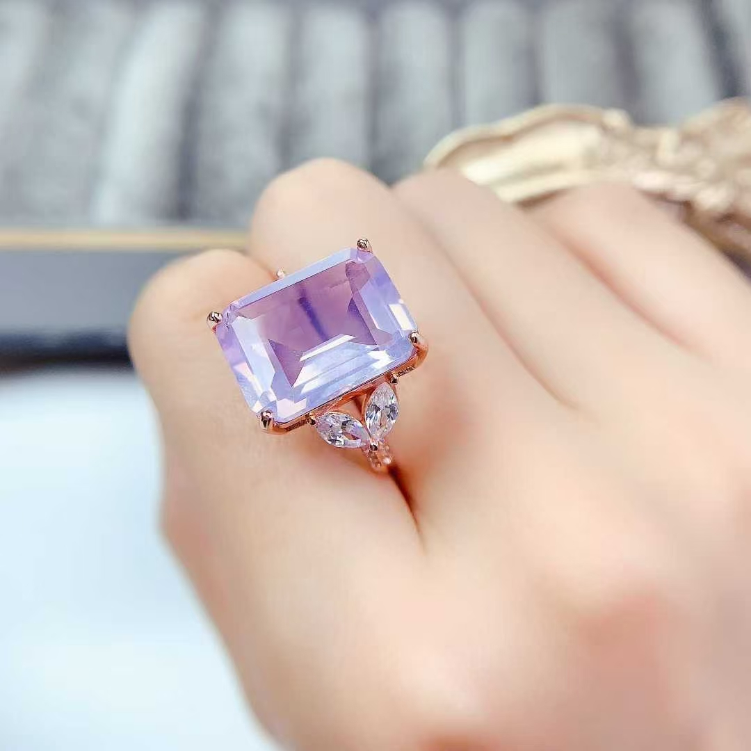 925 silver crystal ring natural amethyst ring 12mm * 16mm 12ct light purple amethyst jewelry with 18K gold plating