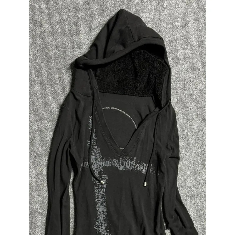Deeptown Y2k Black Vintage Printed Hoodies Women V Neck Long Sleeve American Fashion Hooded Sweatshirt Streetwear Hip Hop Spring 250904