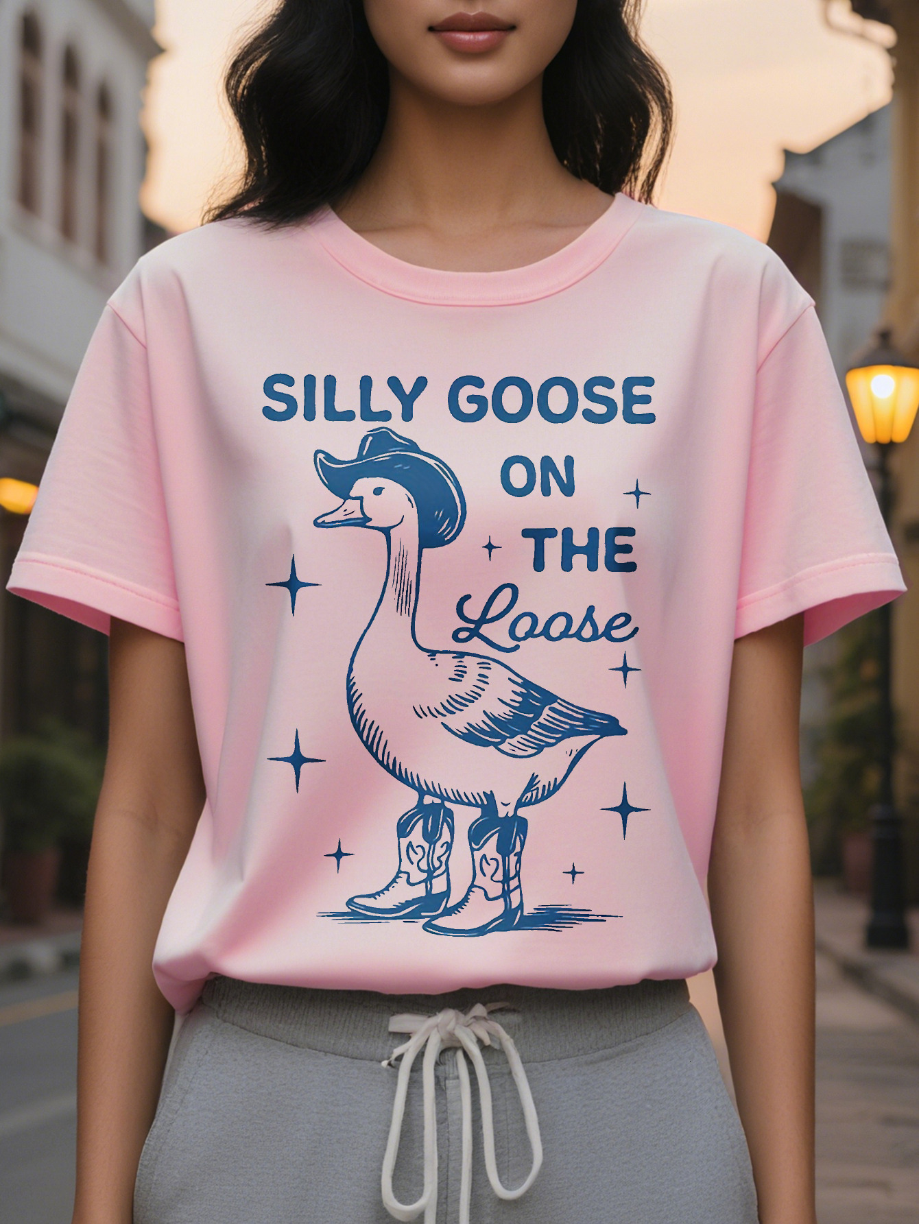Goose Print Short Sleeve T-shirt Casual Crew Neck Top for Spring Summer Women's Clothing