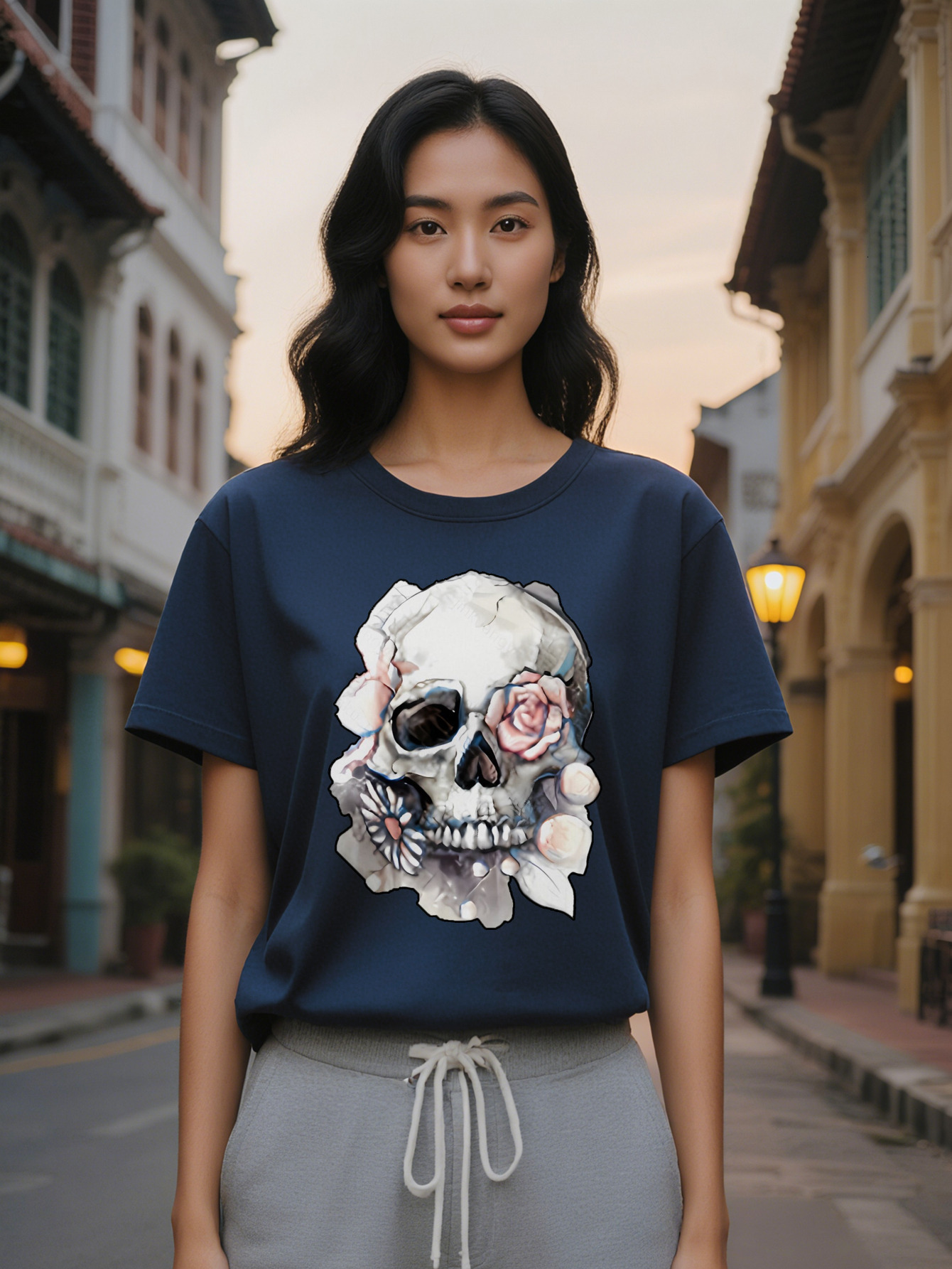 Large XL Casual Crew Neck T-Shirt with Intricate Floral Skull Print Soft Pure Cotton Short Sleeve Black Perfect Gift for Plus Size